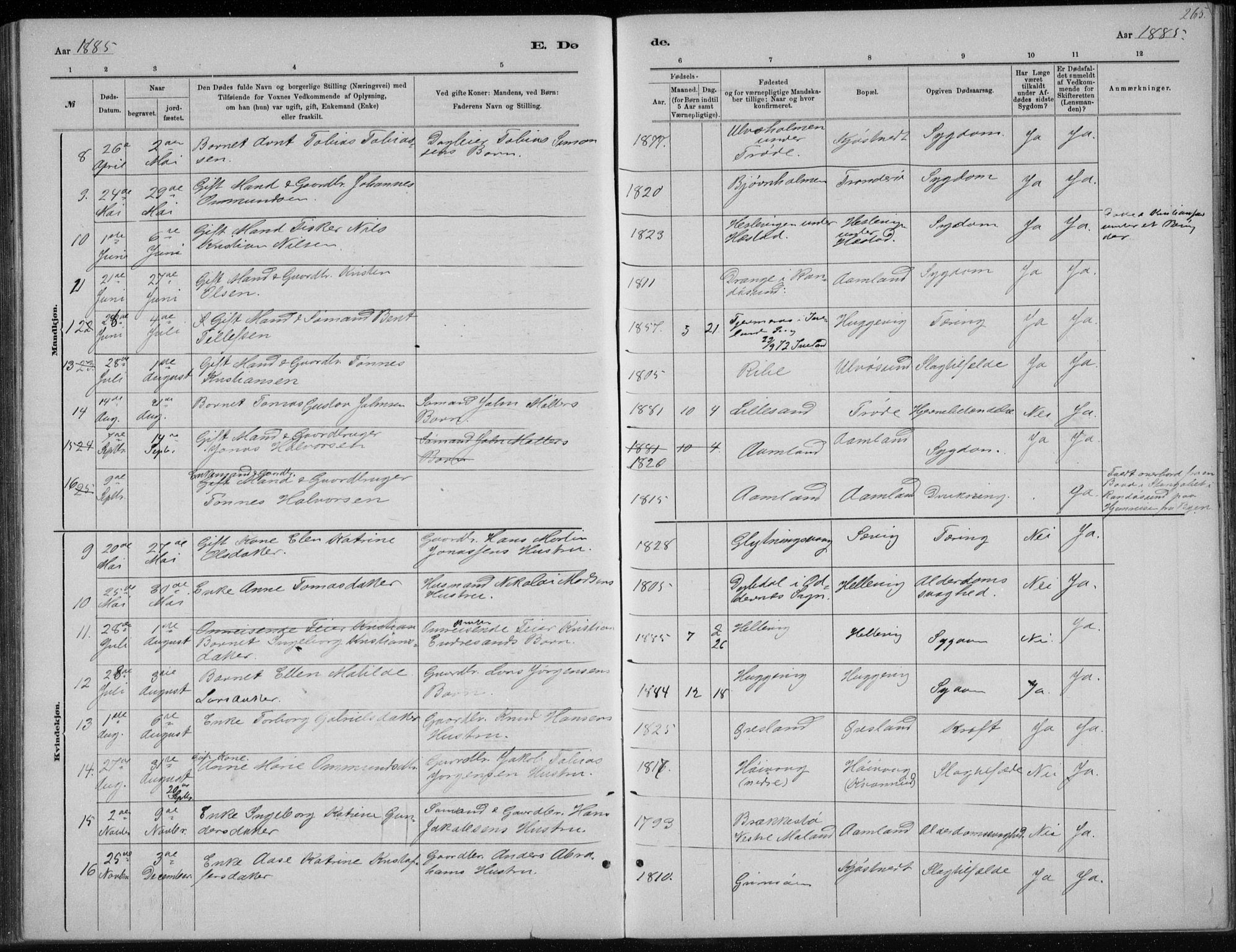 Høvåg sokneprestkontor, SAK/1111-0025/F/Fb/L0004: Parish register (copy) no. B 4, 1883-1898, p. 265