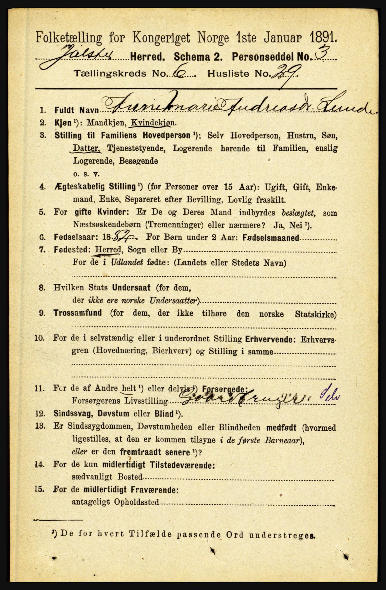 RA, 1891 census for 1431 Jølster, 1891, p. 2390