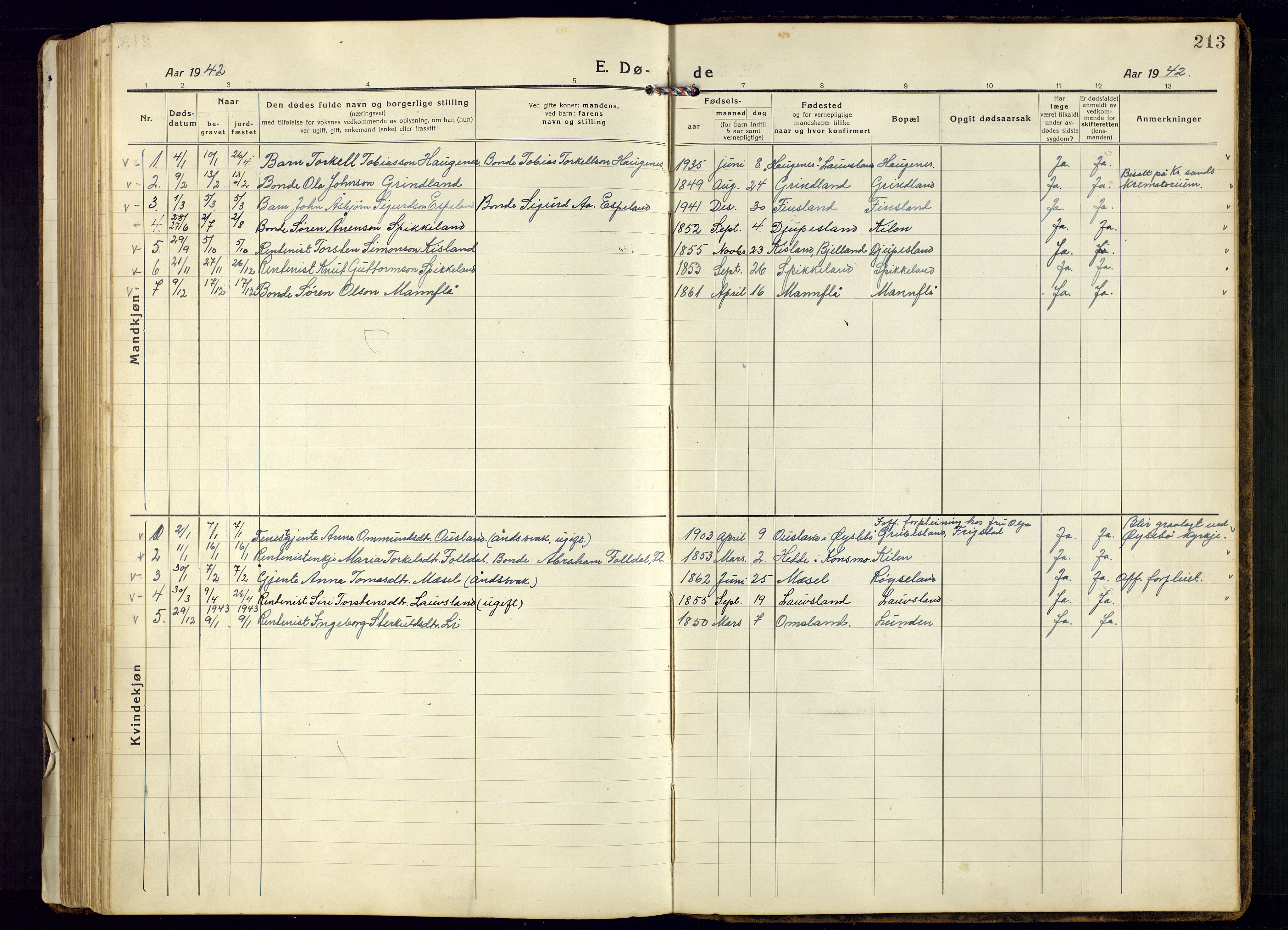 Bjelland sokneprestkontor, SAK/1111-0005/F/Fb/Fbb/L0006: Parish register (copy) no. B-6, 1918-1946, p. 213