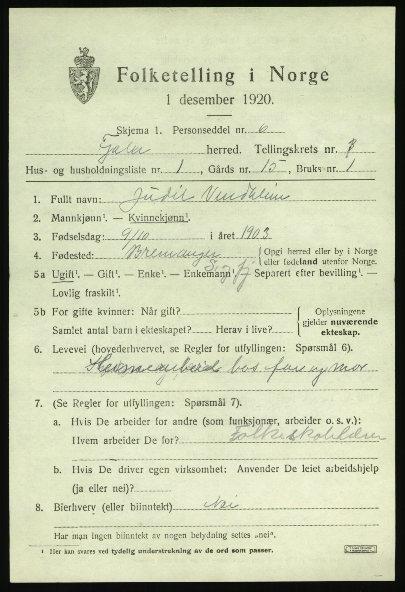 SAB, 1920 census for Fjaler, 1920, p. 2675