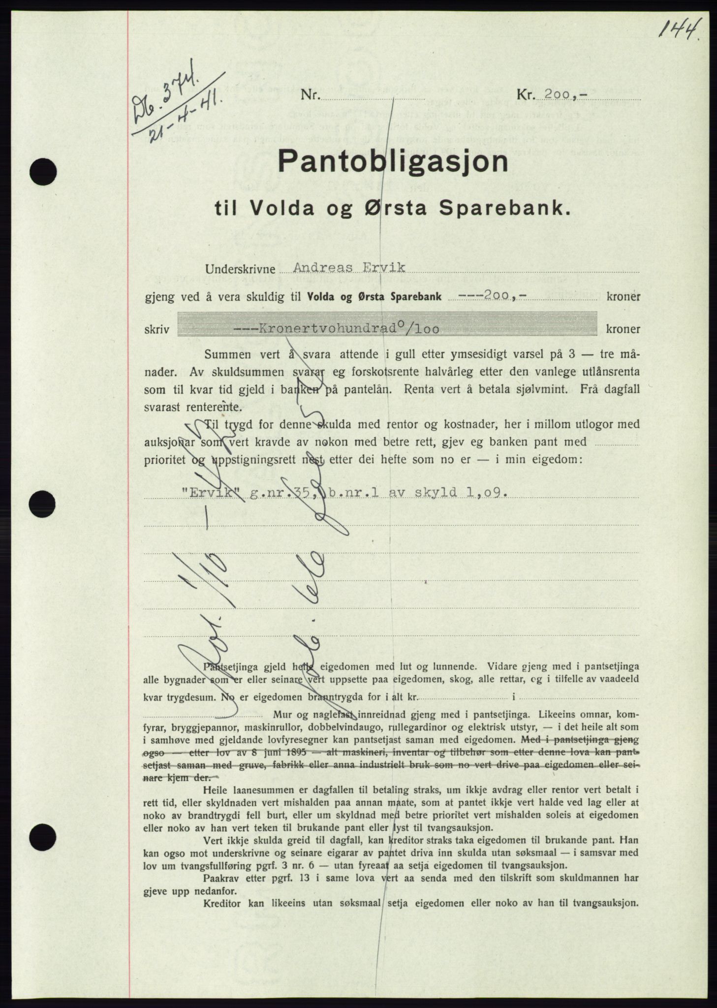 Søre Sunnmøre sorenskriveri, AV/SAT-A-4122/1/2/2C/L0071: Mortgage book no. 65, 1941-1941, Diary no: : 374/1941