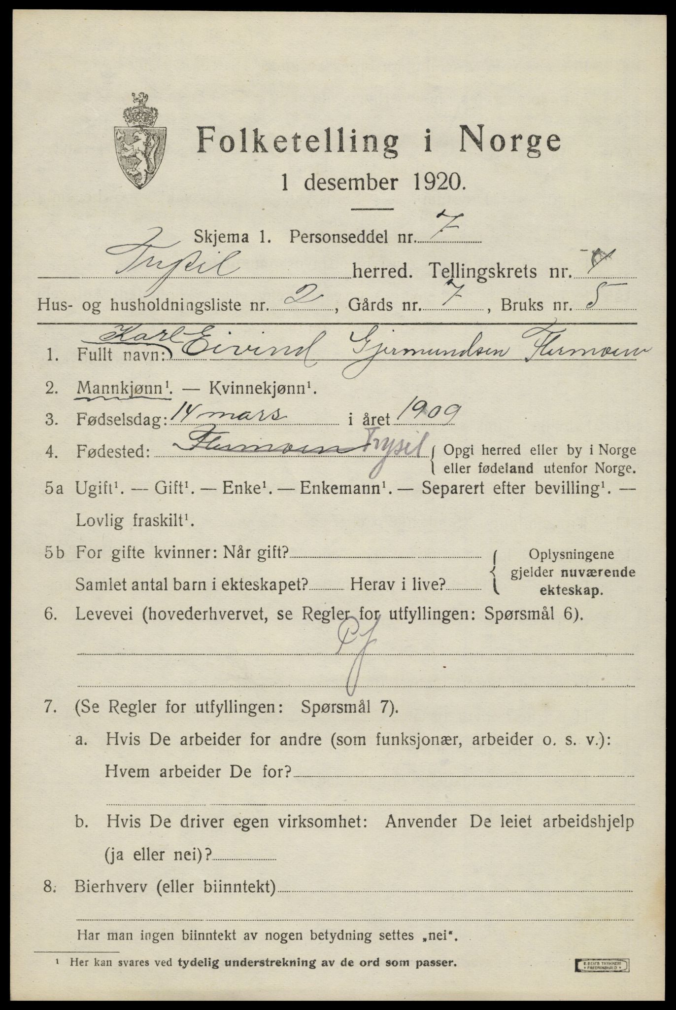 SAH, 1920 census for Trysil, 1920, p. 4101