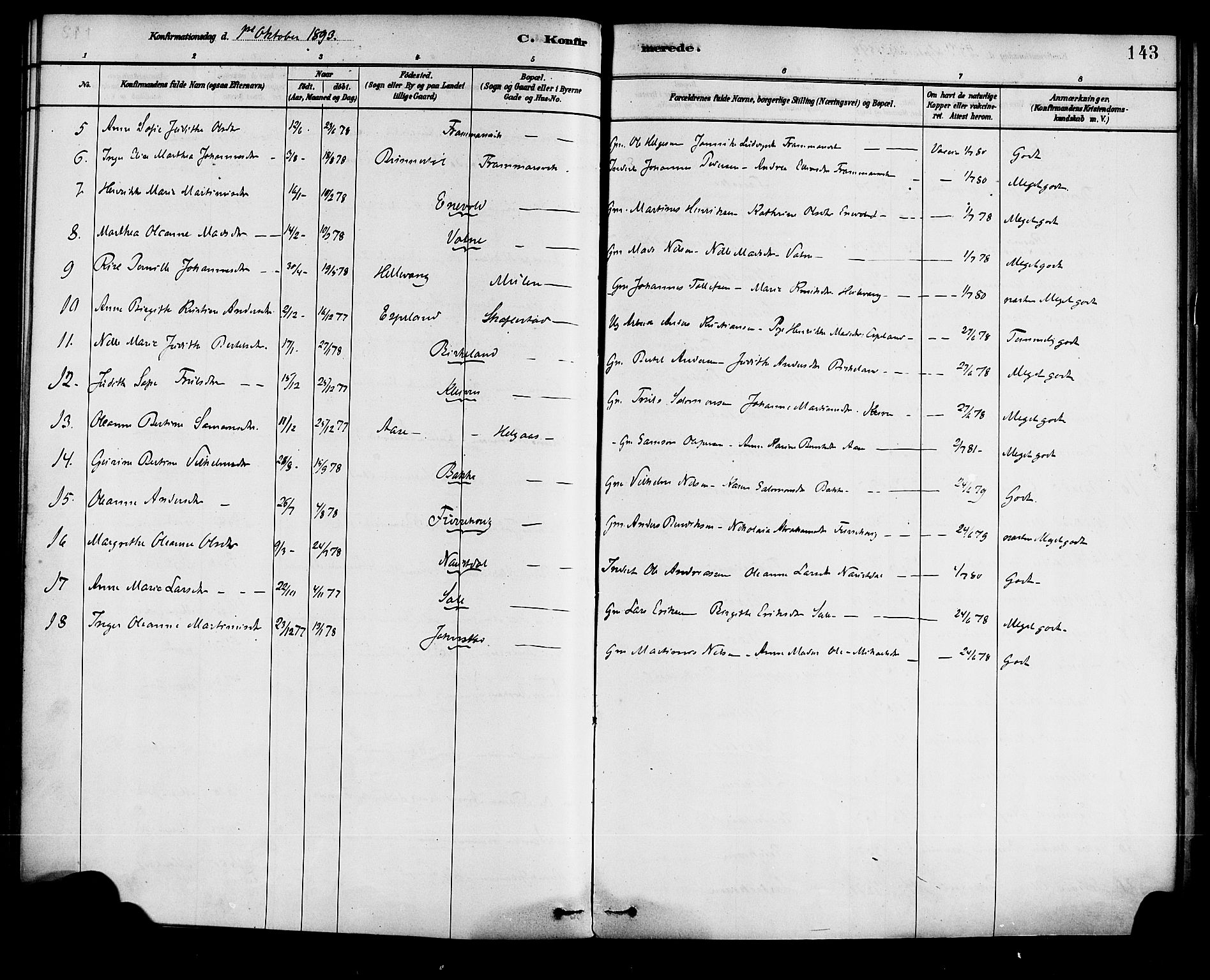 Førde sokneprestembete, SAB/A-79901/H/Haa/Haad/L0001: Parish register (official) no. D 1, 1881-1898, p. 143