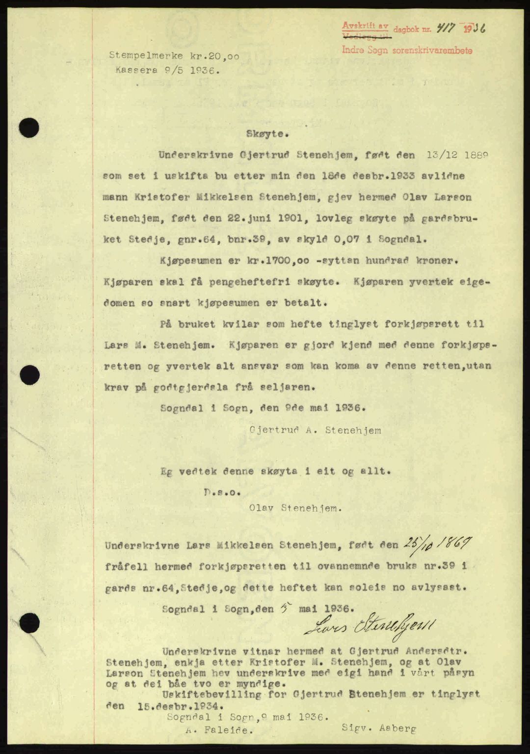 Indre Sogn tingrett, AV/SAB-A-3301/1/G/Gb/Gba/L0030: Mortgage book no. 30, 1935-1937, Deed date: 01.05.1936