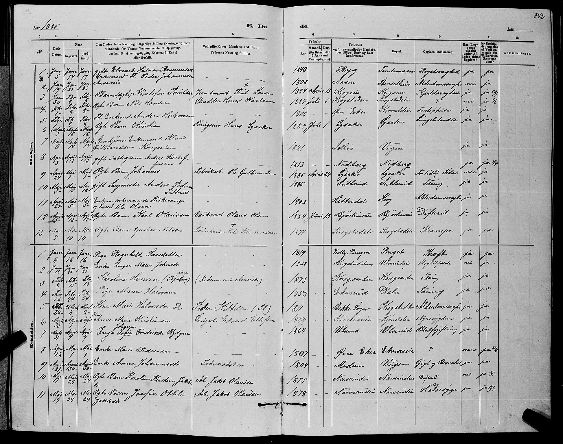 Nedre Eiker kirkebøker, AV/SAKO-A-612/G/Ga/L0002: Parish register (copy) no. 2, 1880-1896, p. 342