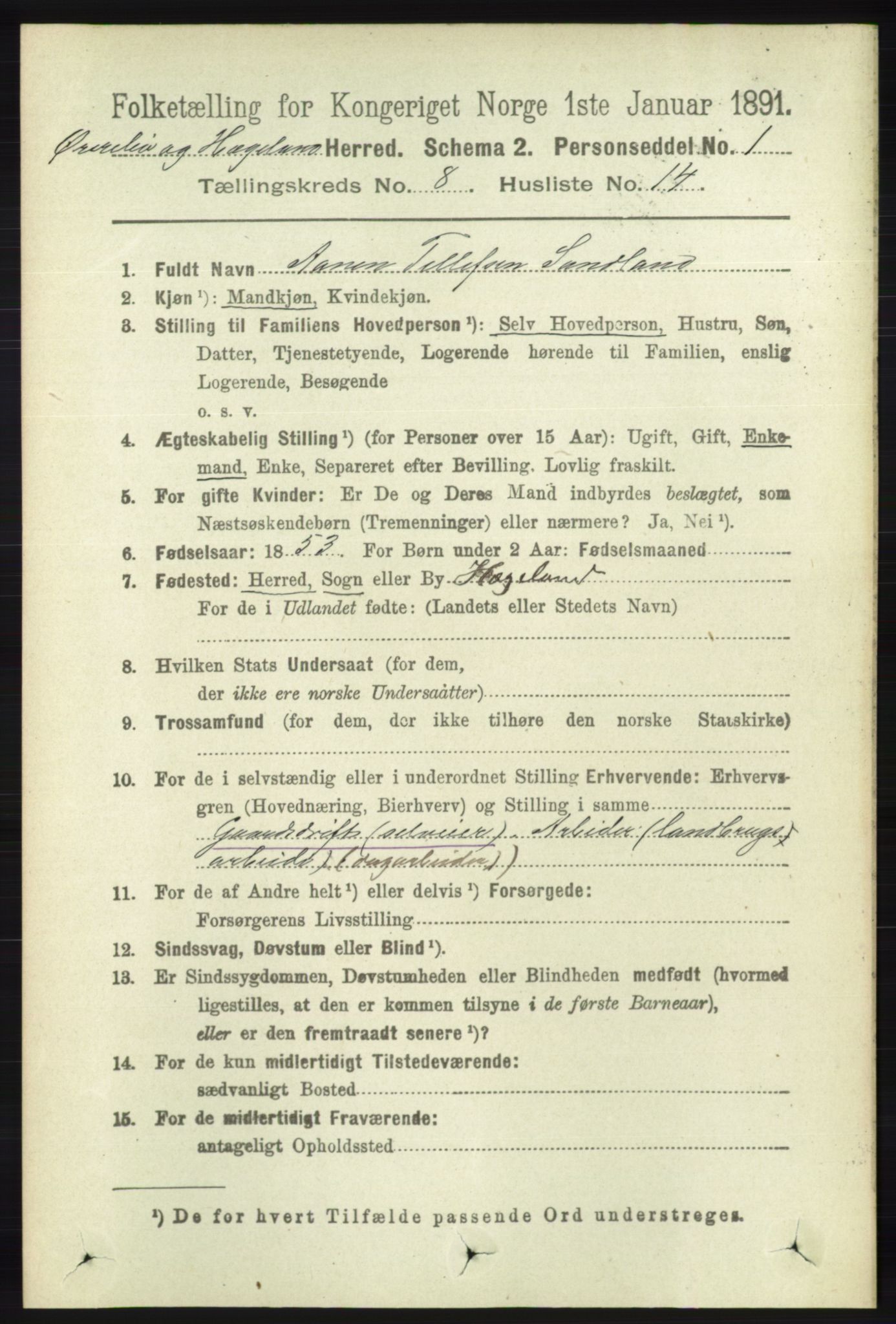 RA, 1891 census for 1016 Øvrebø og Hægeland, 1891, p. 1563