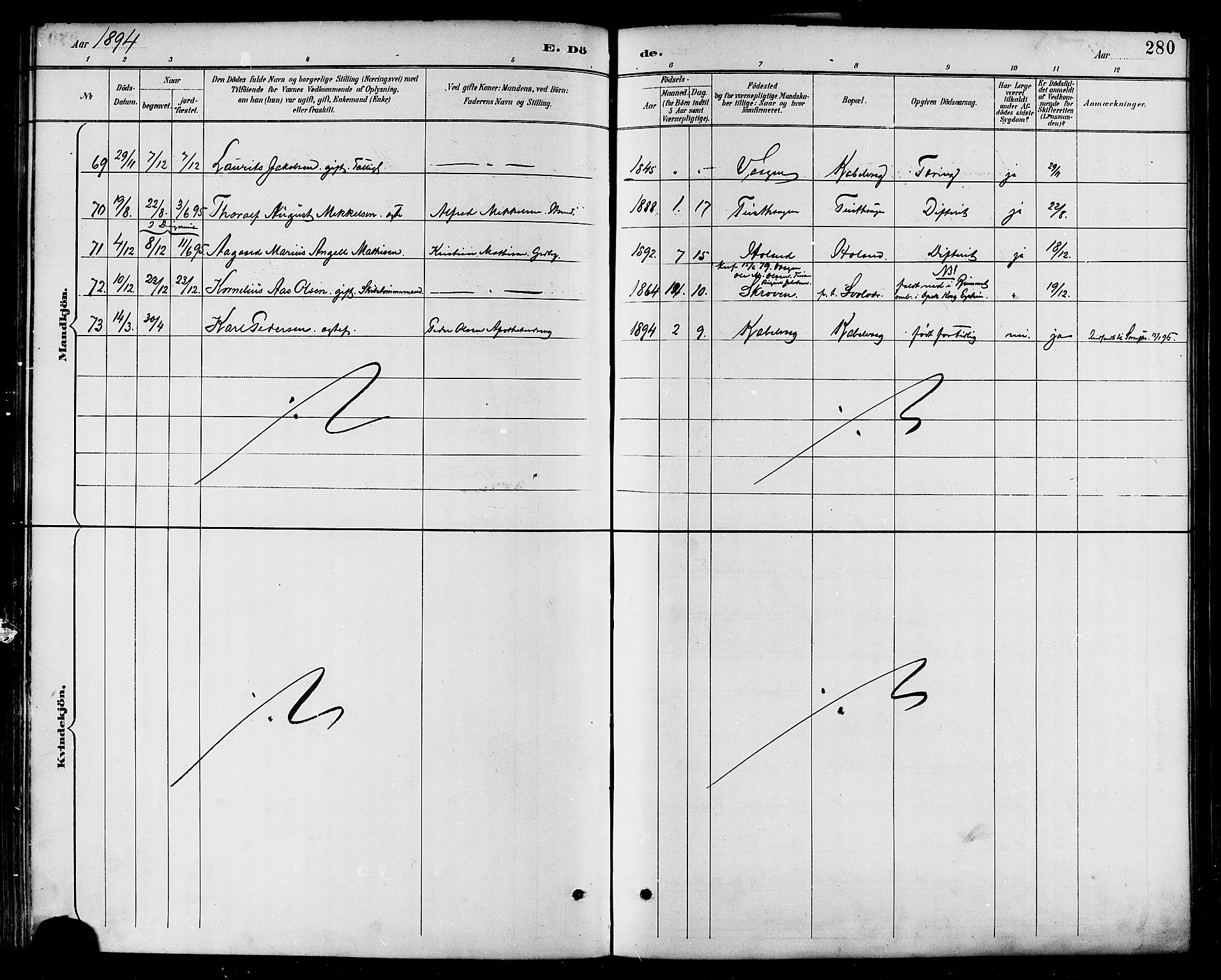 Ministerialprotokoller, klokkerbøker og fødselsregistre - Nordland, AV/SAT-A-1459/874/L1060: Parish register (official) no. 874A04, 1890-1899, p. 280