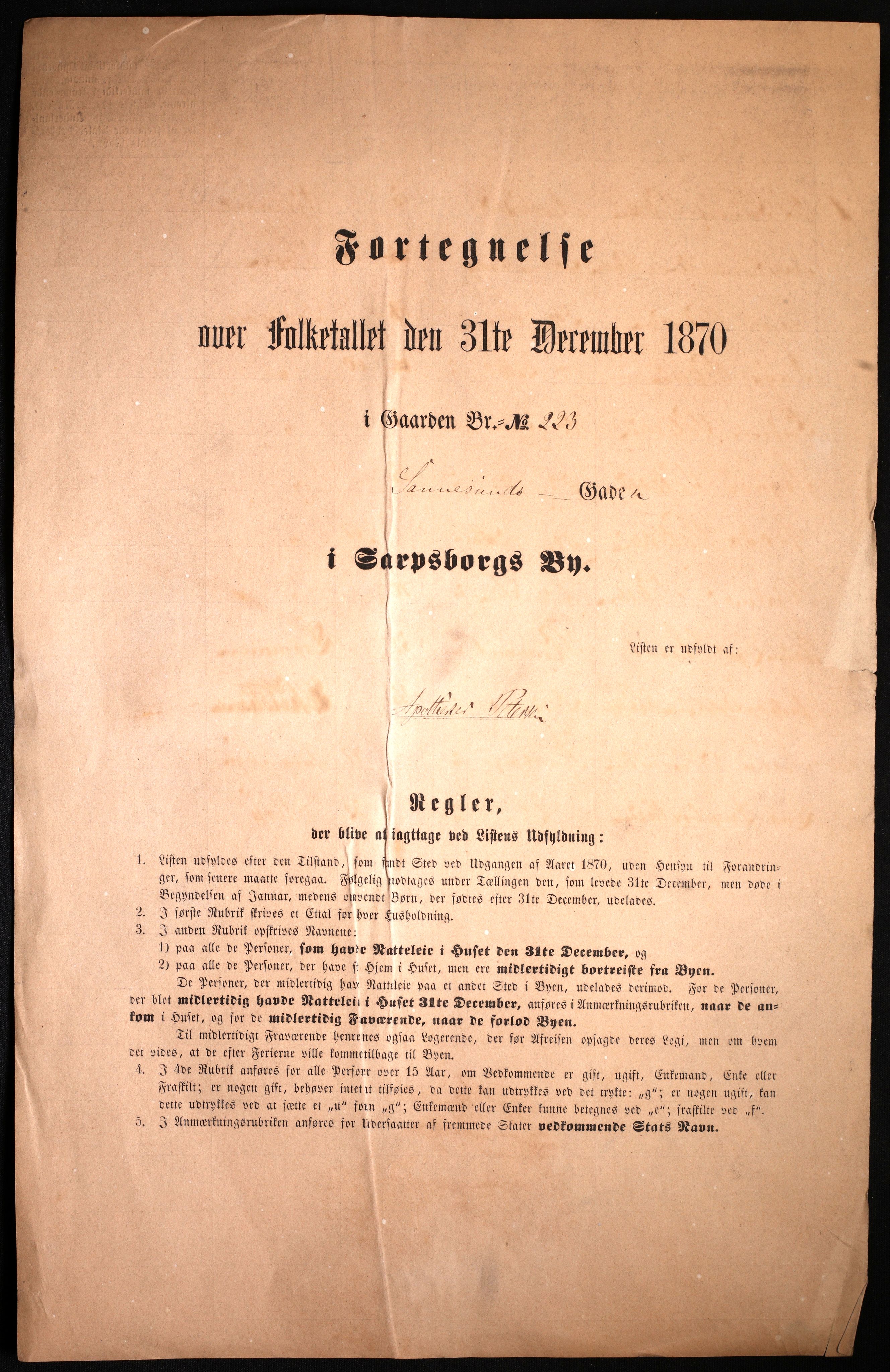 RA, 1870 census for 0102 Sarpsborg, 1870, p. 3