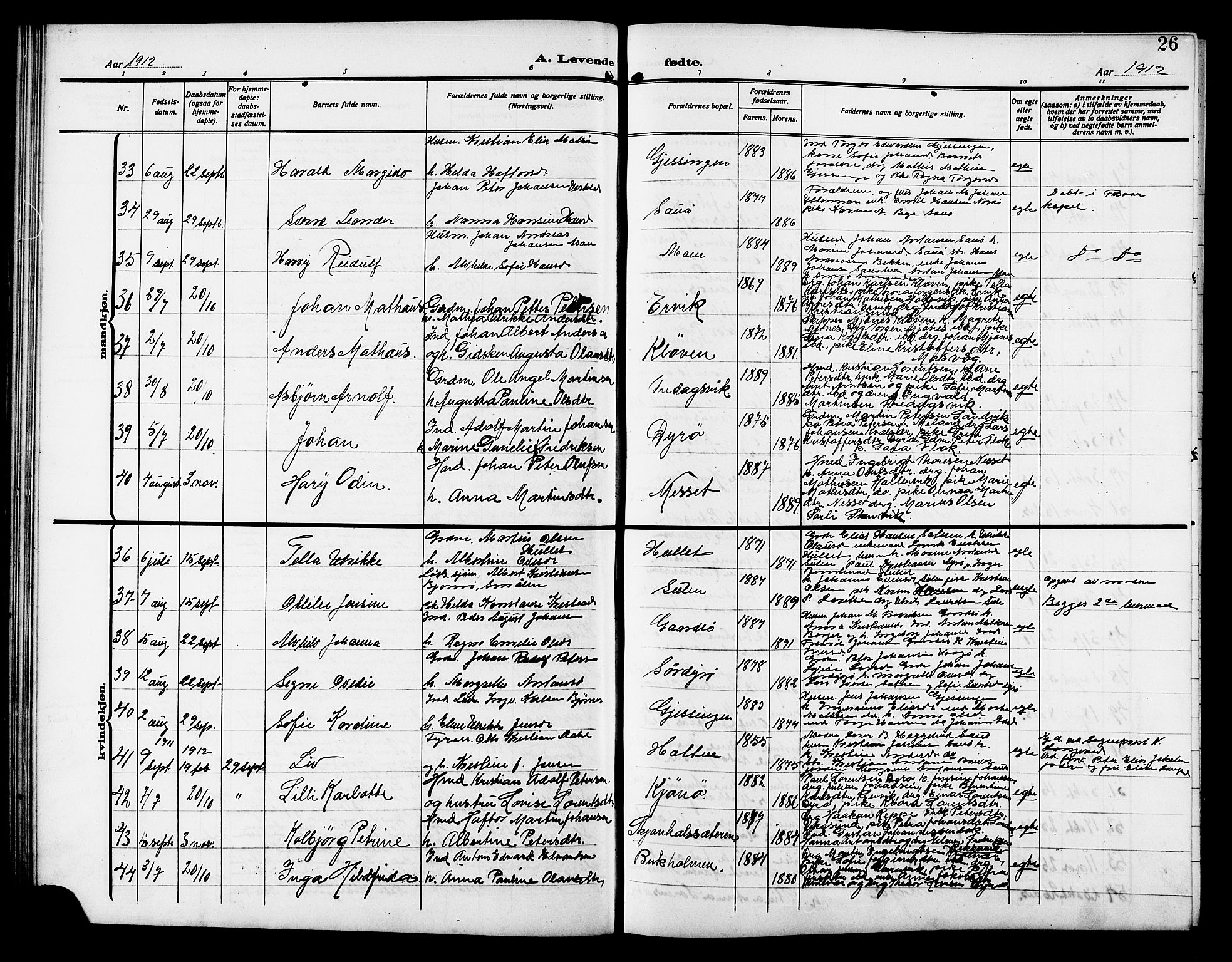 Ministerialprotokoller, klokkerbøker og fødselsregistre - Sør-Trøndelag, SAT/A-1456/640/L0588: Parish register (copy) no. 640C05, 1909-1922, p. 26