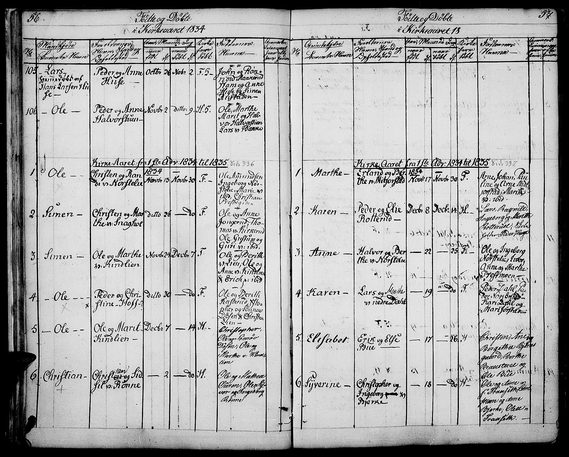 Fåberg prestekontor, SAH/PREST-086/H/Ha/Haa/L0004: Parish register (official) no. 4, 1833-1837, p. 56-57
