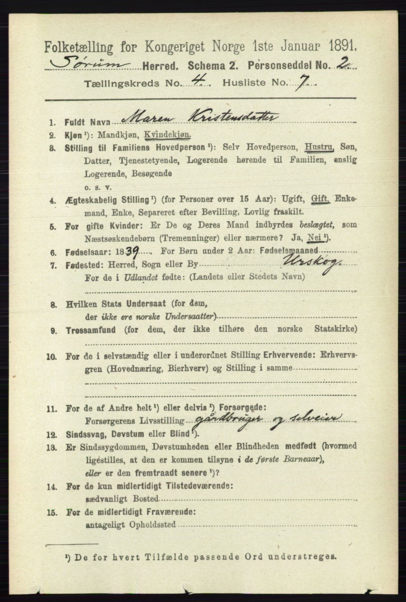 RA, 1891 census for 0226 Sørum, 1891, p. 1916