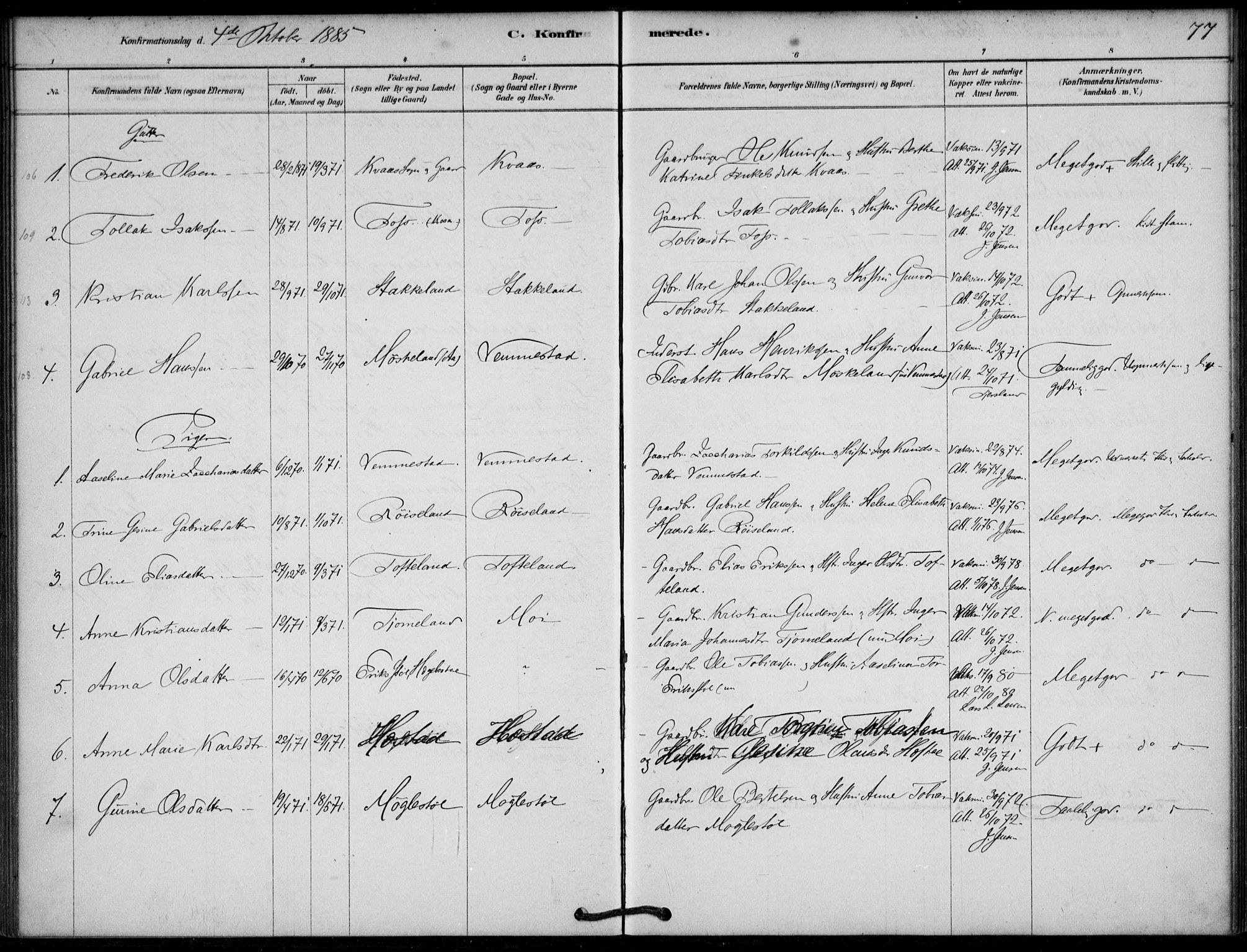 Lyngdal sokneprestkontor, SAK/1111-0029/F/Fa/Fab/L0003: Parish register (official) no. A 3, 1878-1903, p. 77