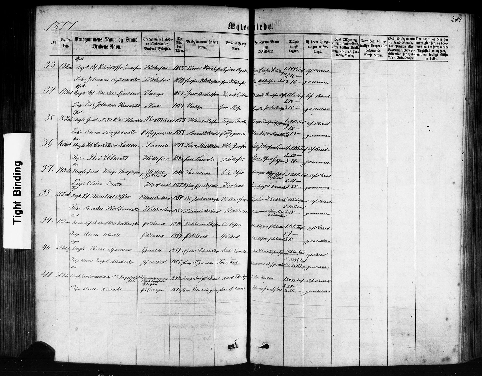 Tysnes sokneprestembete, AV/SAB-A-78601/H/Haa: Parish register (official) no. A 12, 1872-1886, p. 287