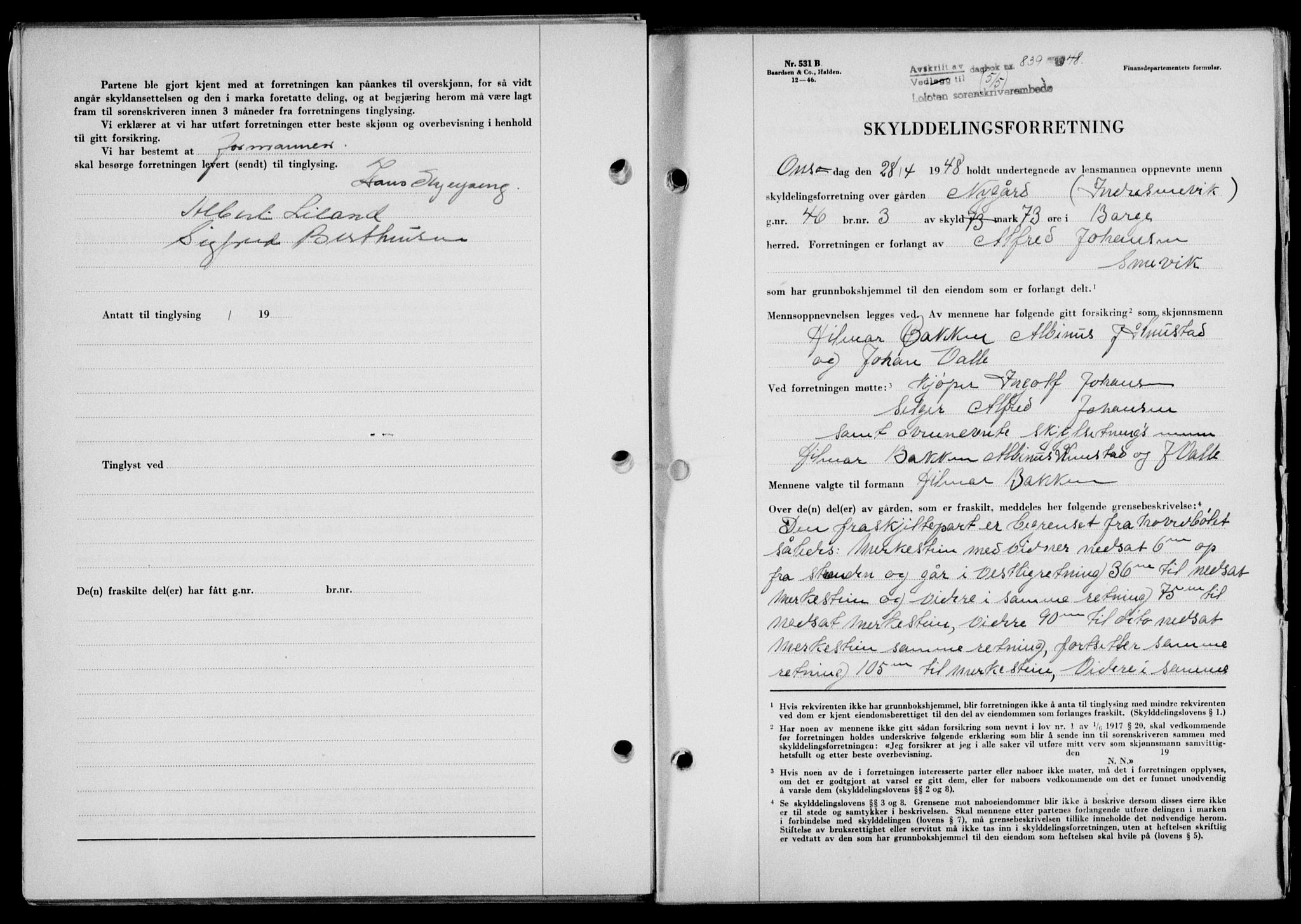 Lofoten sorenskriveri, SAT/A-0017/1/2/2C/L0018a: Mortgage book no. 18a, 1948-1948, Diary no: : 839/1948