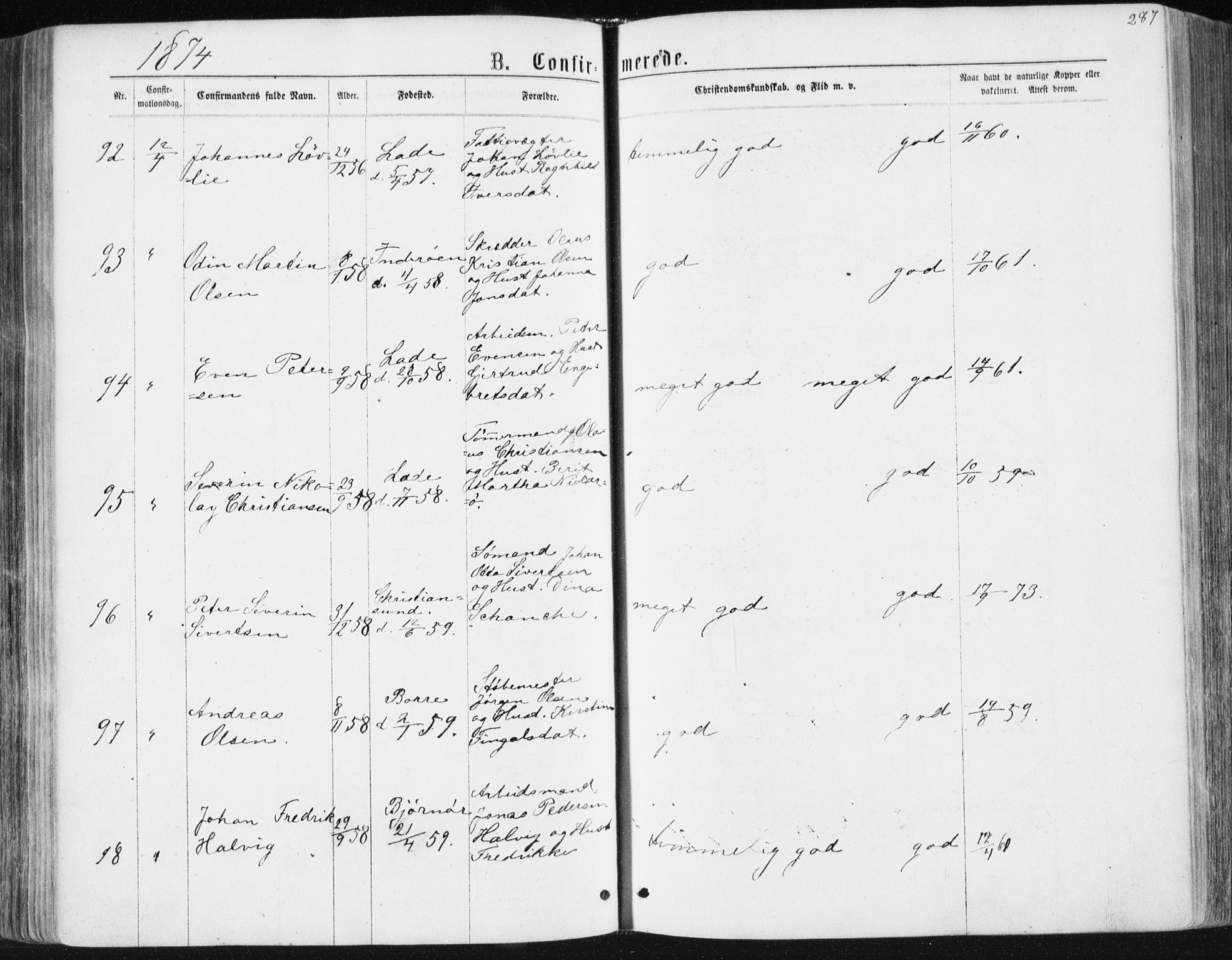 Ministerialprotokoller, klokkerbøker og fødselsregistre - Sør-Trøndelag, AV/SAT-A-1456/604/L0186: Parish register (official) no. 604A07, 1866-1877, p. 287