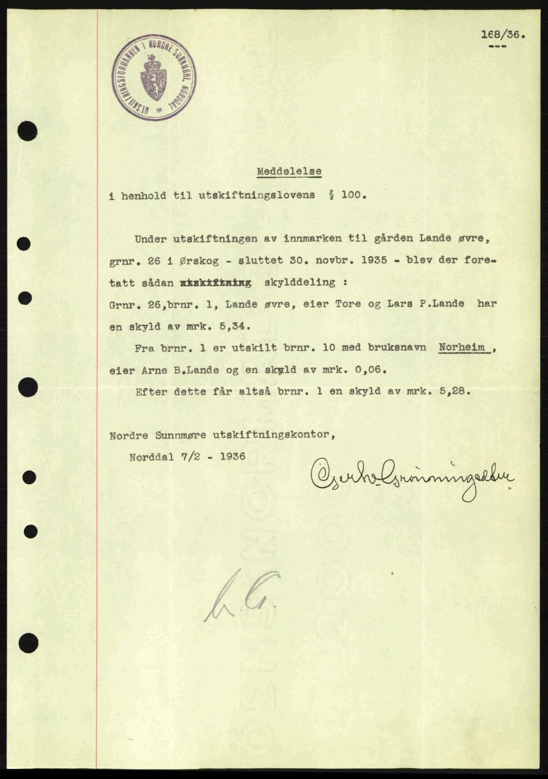 Nordre Sunnmøre sorenskriveri, AV/SAT-A-0006/1/2/2C/2Ca: Mortgage book no. A1, 1936-1936, Diary no: : 168/1936