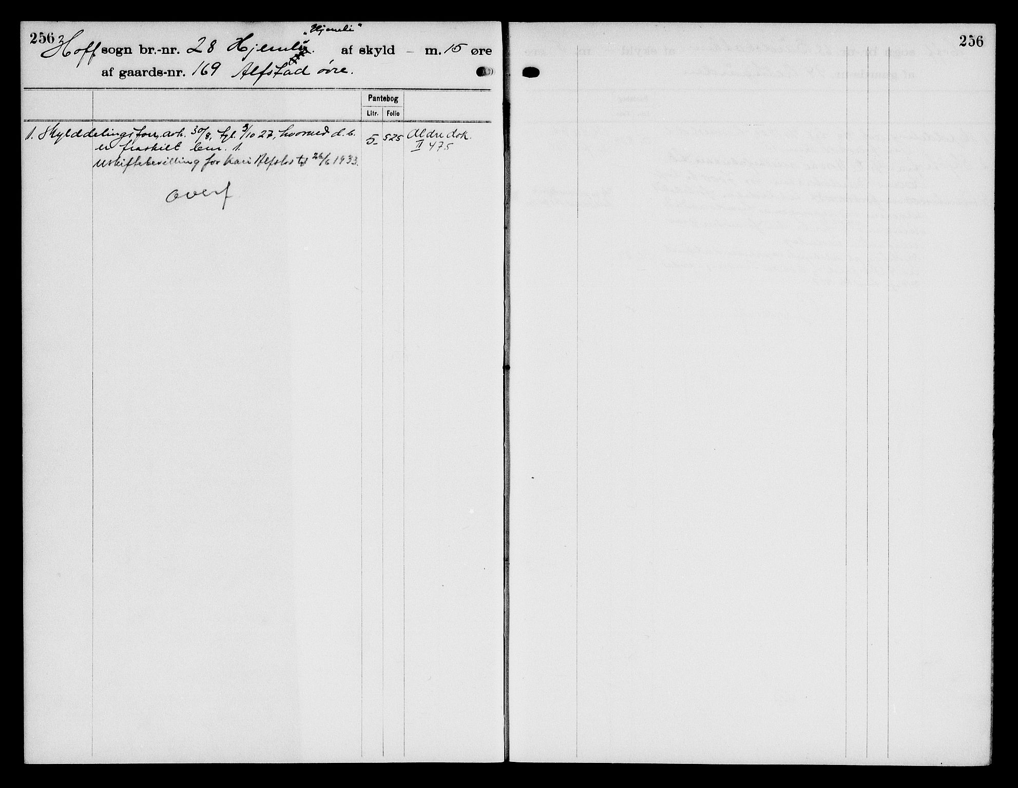 Toten tingrett, SAH/TING-006/H/Ha/Haa/L0034: Mortgage register no. 34, 1921, p. 256