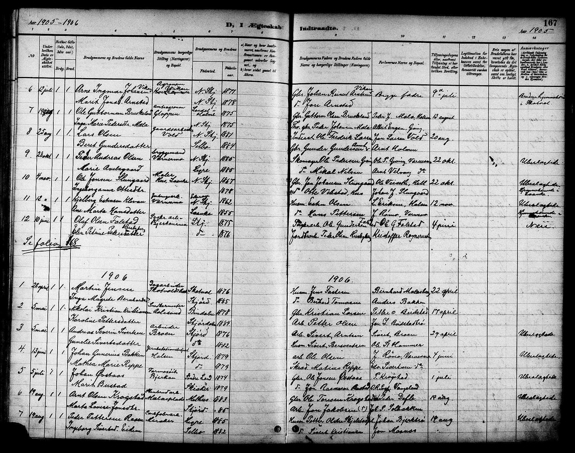 Ministerialprotokoller, klokkerbøker og fødselsregistre - Nord-Trøndelag, SAT/A-1458/709/L0087: Parish register (copy) no. 709C01, 1892-1913, p. 167