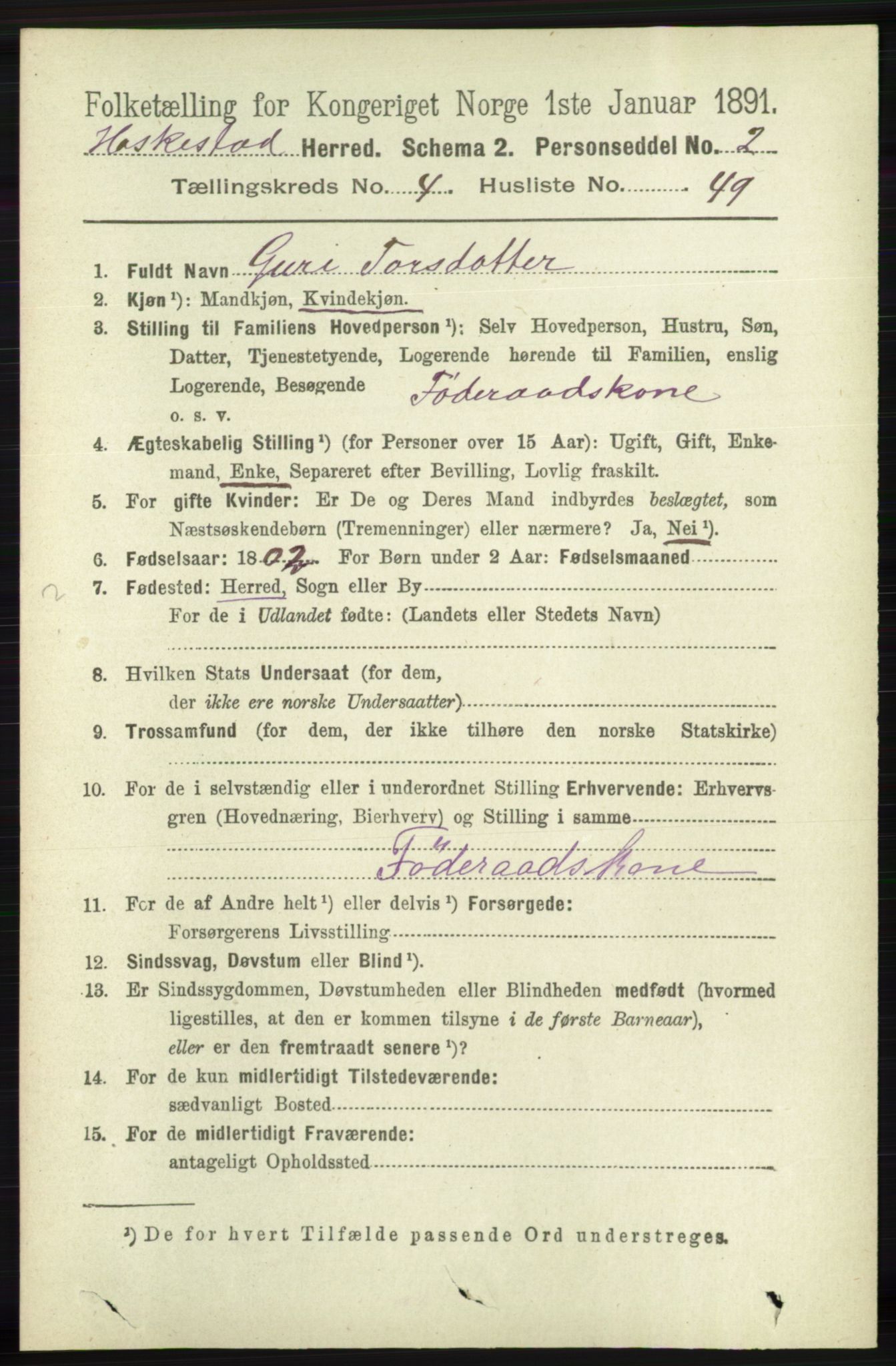 RA, 1891 census for 1113 Heskestad, 1891, p. 841