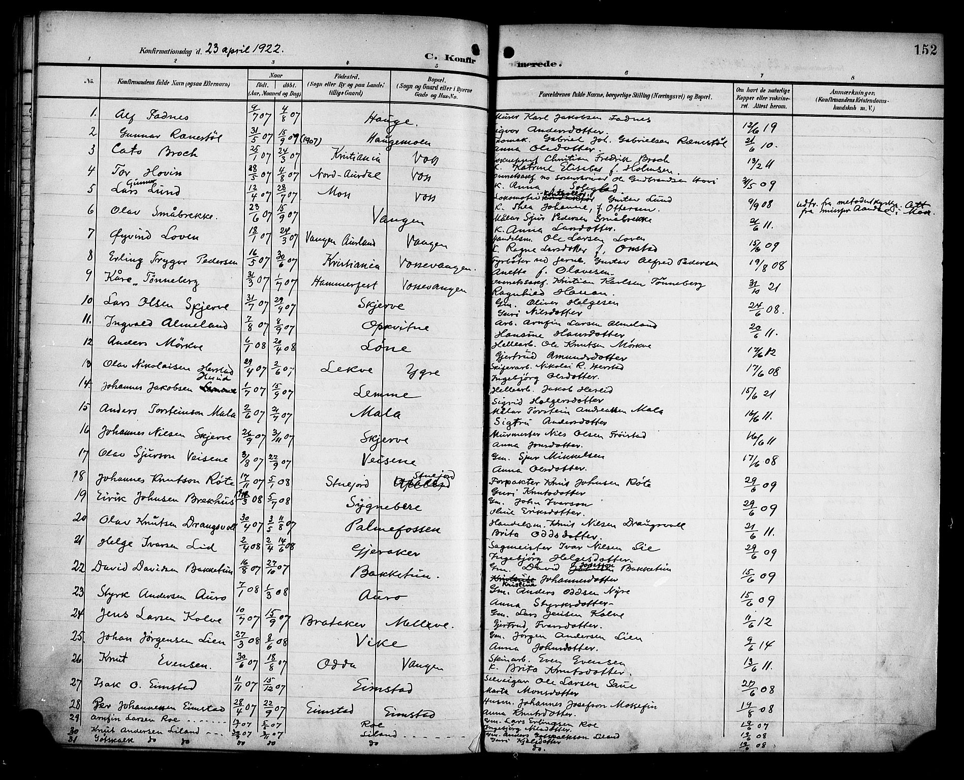 Voss sokneprestembete, AV/SAB-A-79001/H/Haa: Parish register (official) no. B 2, 1899-1922, p. 152