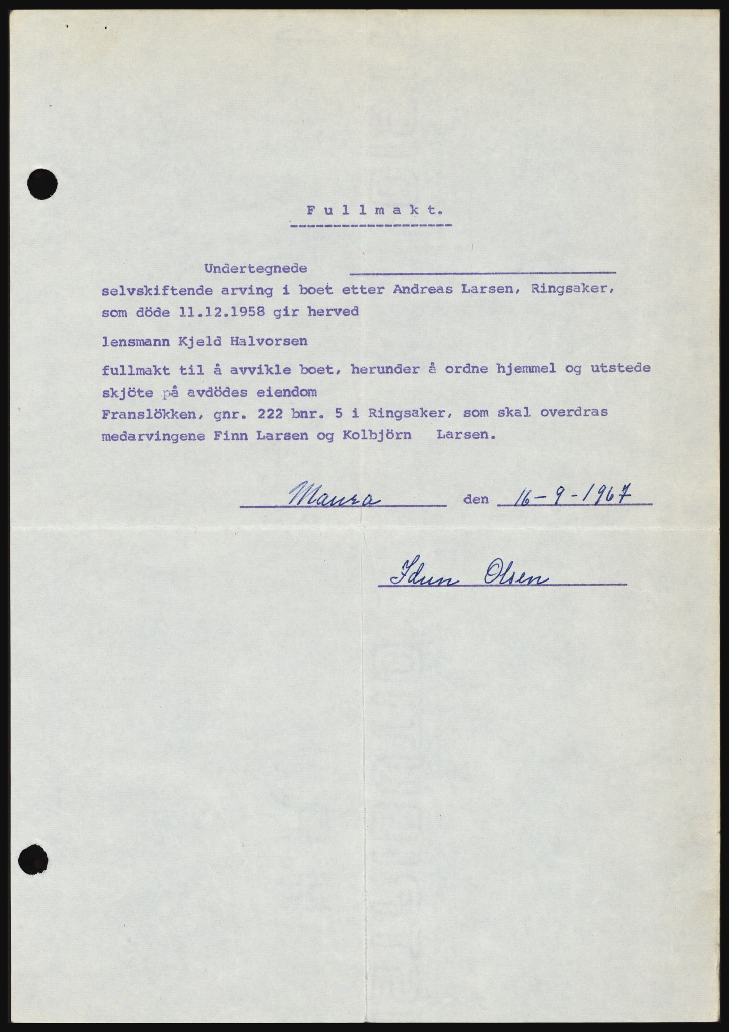 Nord-Hedmark sorenskriveri, AV/SAH-TING-012/H/Hc/L0027: Mortgage book no. 27, 1967-1968, Diary no: : 6560/1967