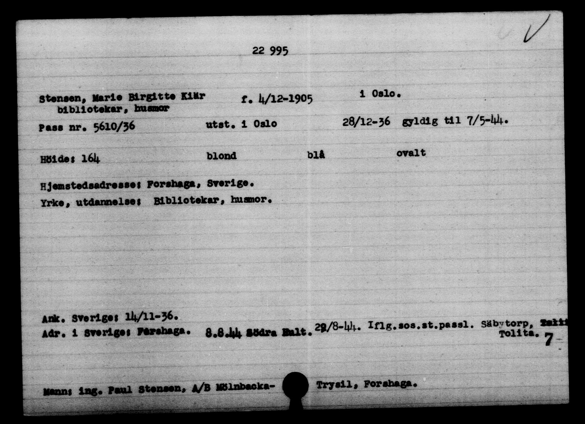 Den Kgl. Norske Legasjons Flyktningskontor, AV/RA-S-6753/V/Va/L0010: Kjesäterkartoteket.  Flyktningenr. 22000-25314, 1940-1945, p. 1073