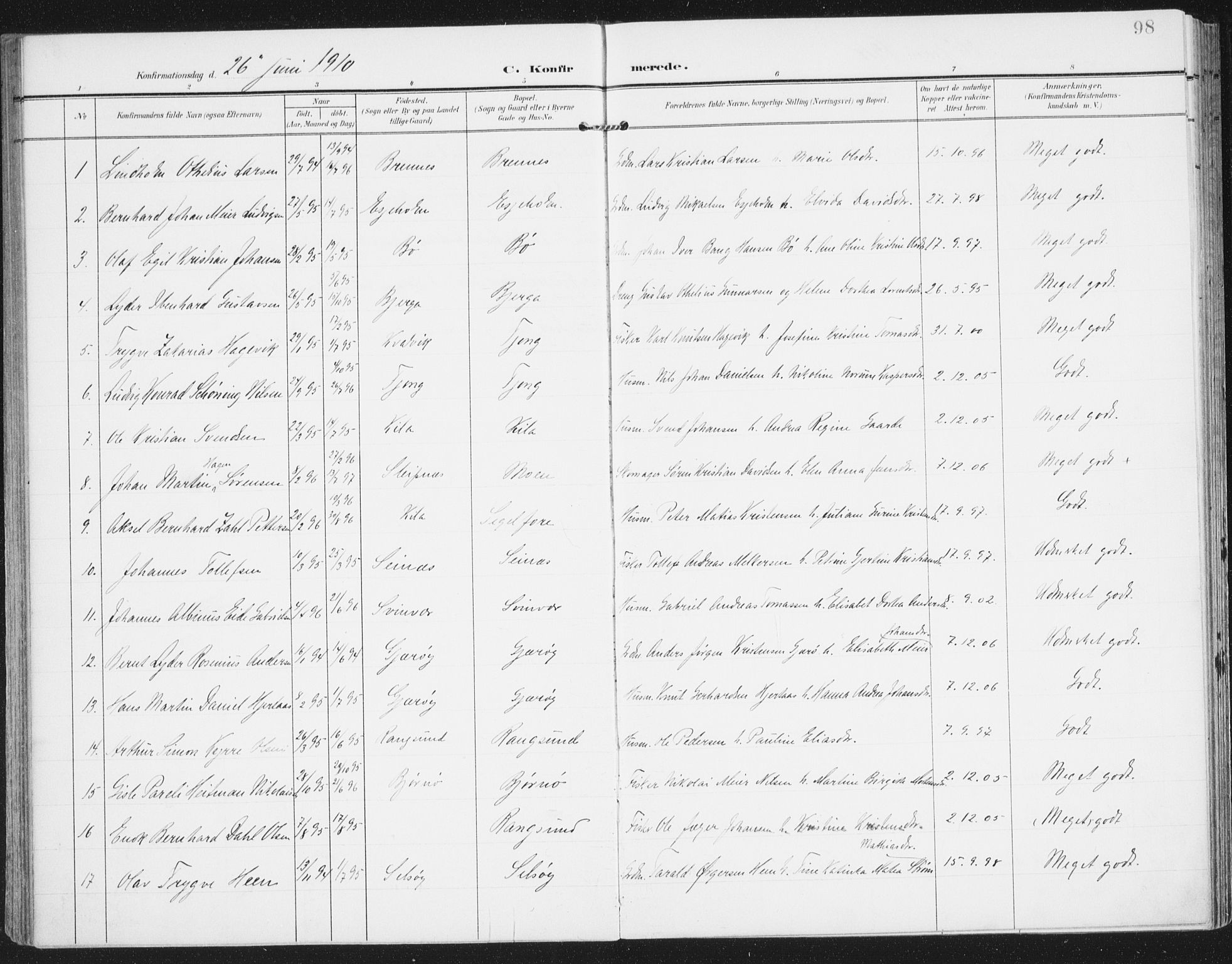 Ministerialprotokoller, klokkerbøker og fødselsregistre - Nordland, AV/SAT-A-1459/841/L0612: Parish register (official) no. 841A15, 1902-1910, p. 98