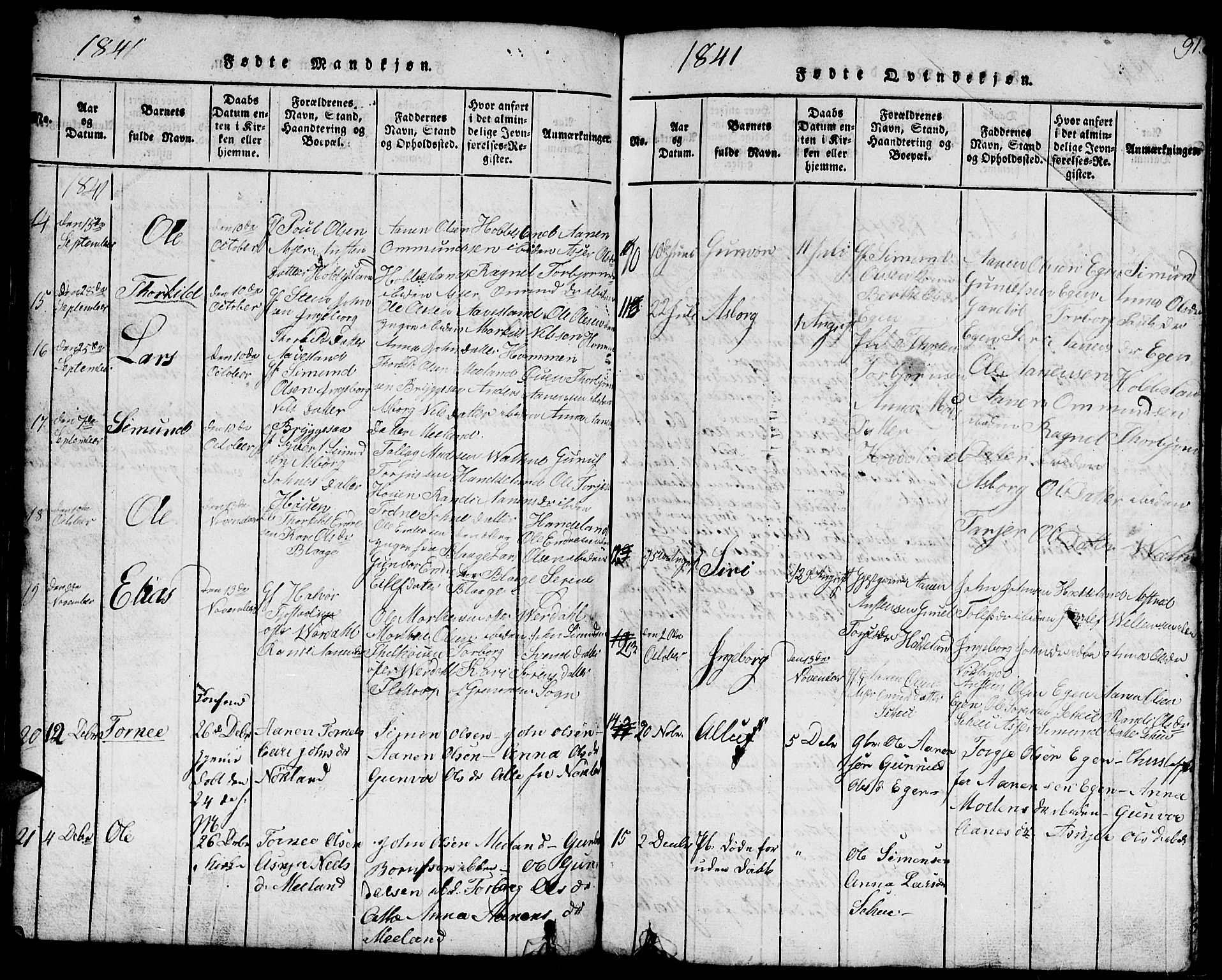 Hægebostad sokneprestkontor, SAK/1111-0024/F/Fb/Fbb/L0001: Parish register (copy) no. B 1, 1816-1850, p. 91