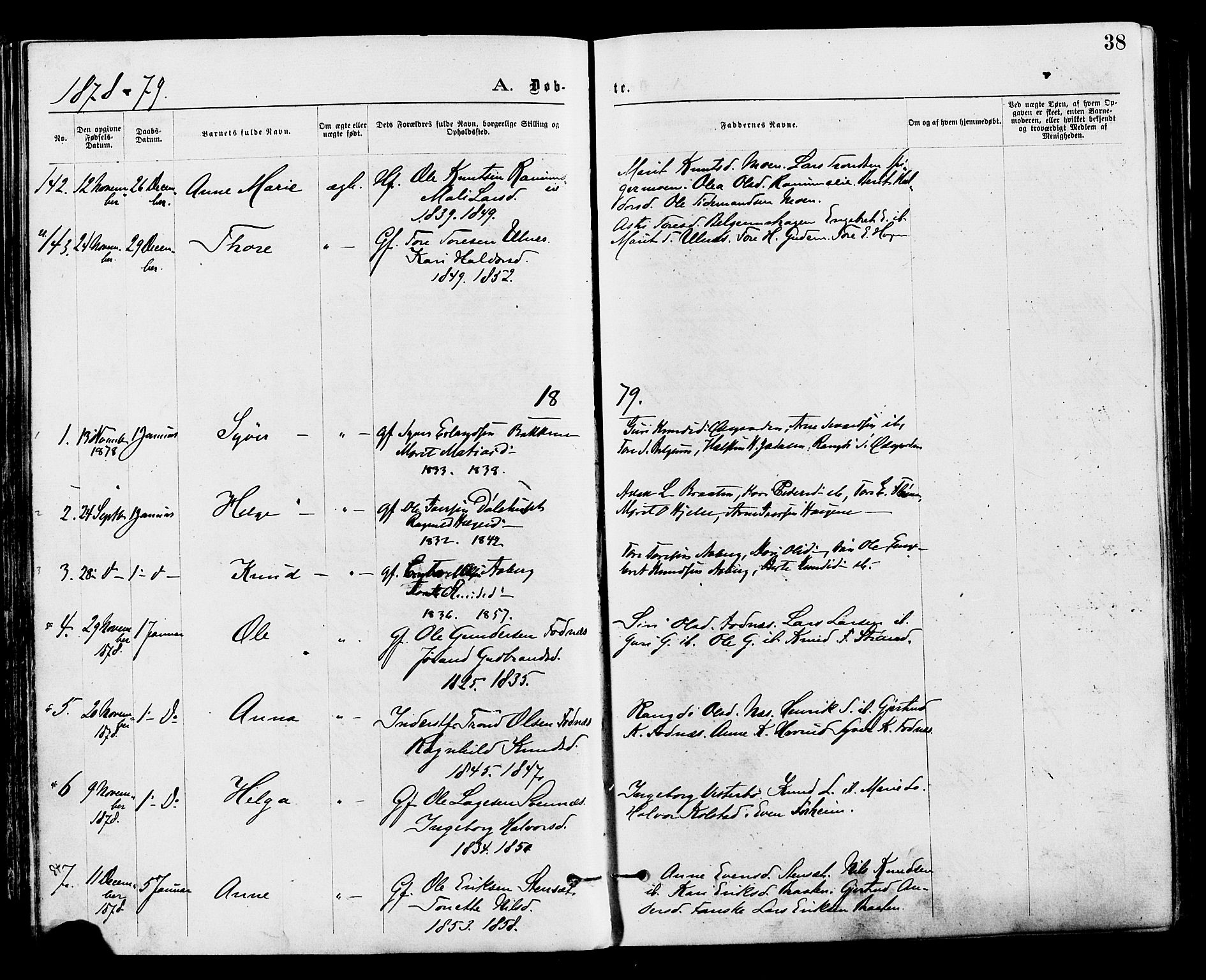 Nord-Aurdal prestekontor, SAH/PREST-132/H/Ha/Haa/L0009: Parish register (official) no. 9, 1876-1882, p. 38
