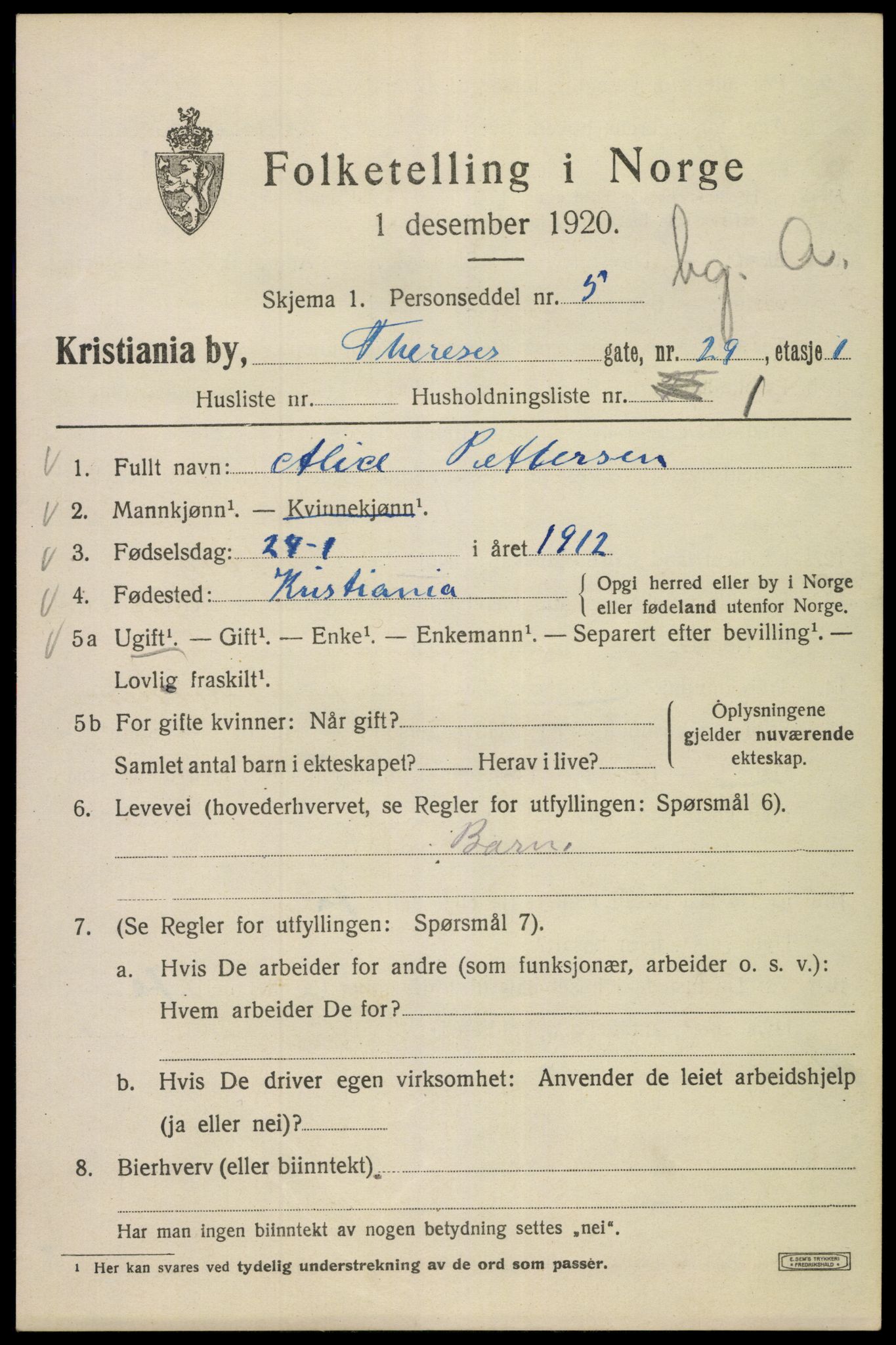 SAO, 1920 census for Kristiania, 1920, p. 569027