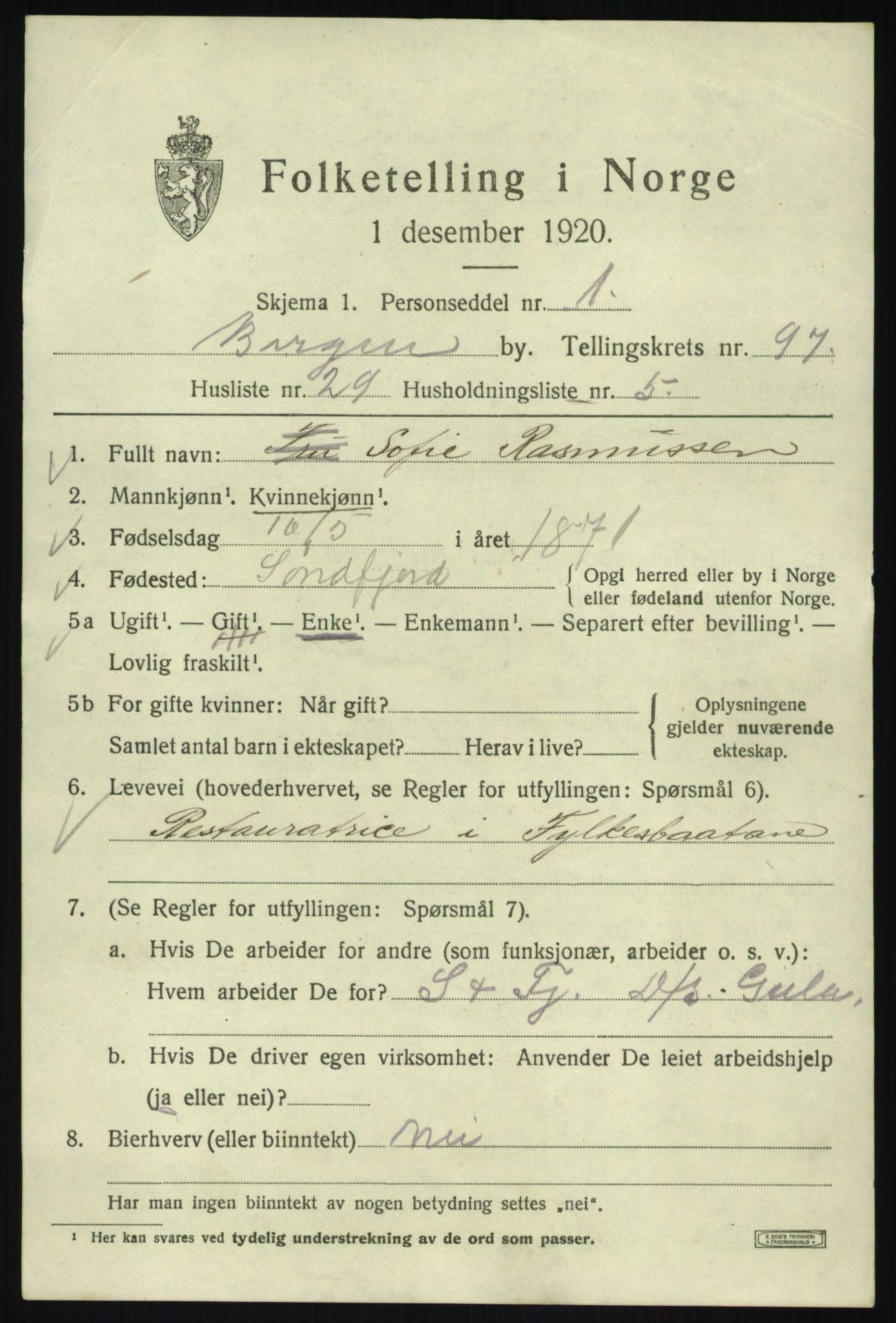 SAB, 1920 census for Bergen, 1920, p. 172074