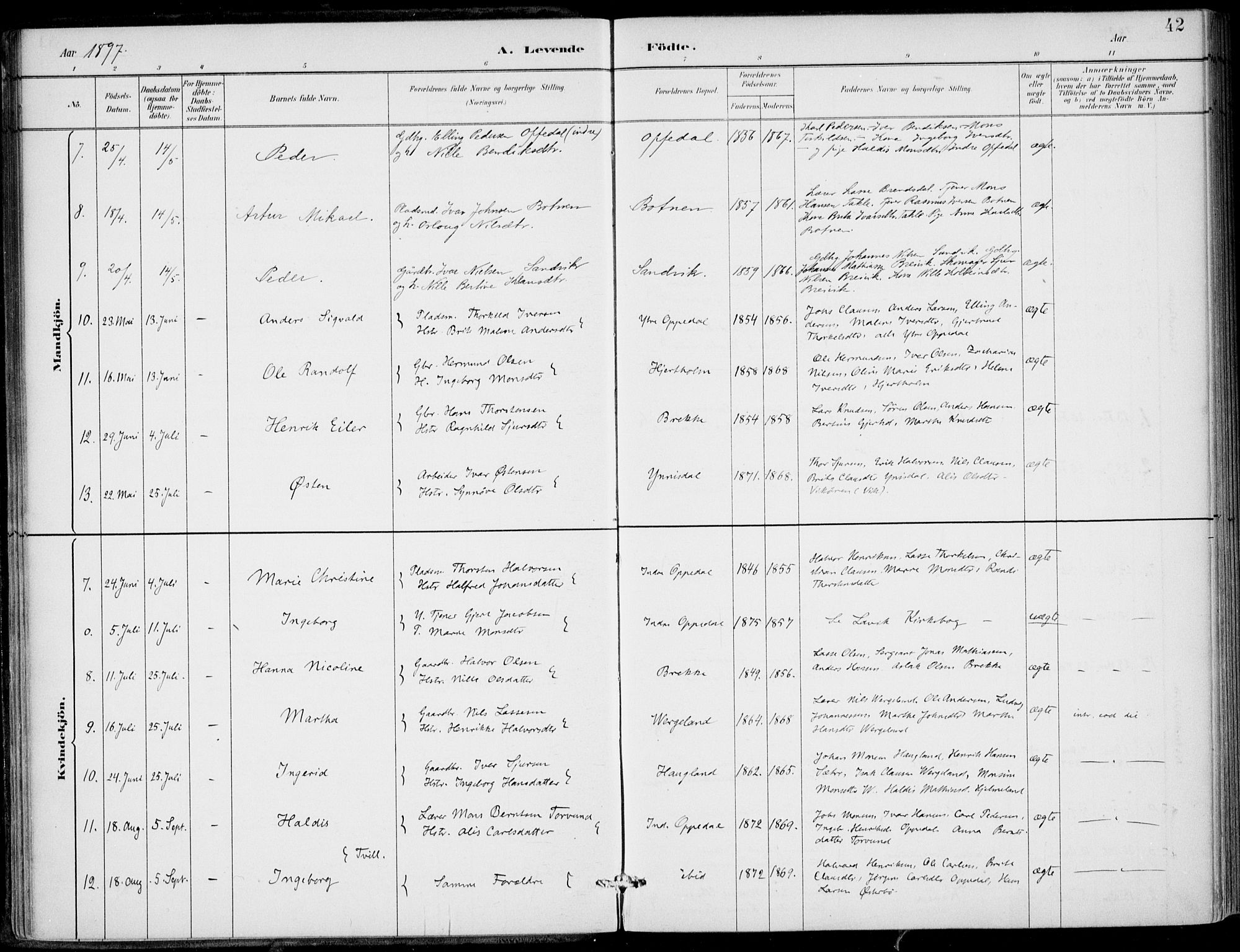 Gulen sokneprestembete, AV/SAB-A-80201/H/Haa/Haac/L0002: Parish register (official) no. C  2, 1882-1914, p. 42