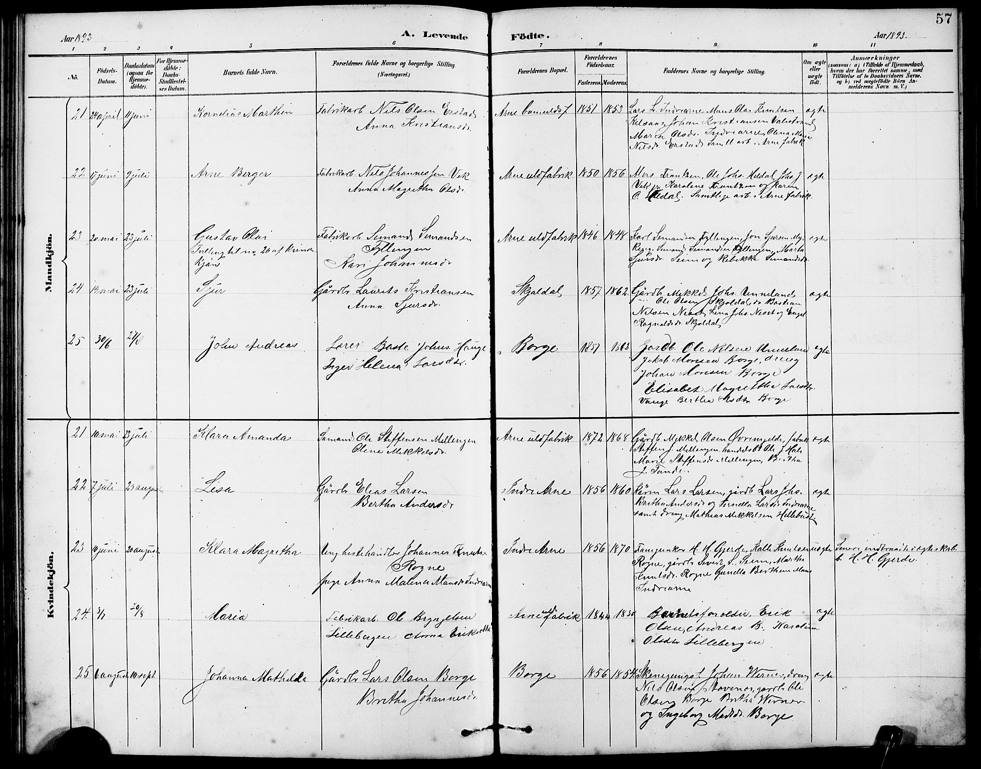 Arna Sokneprestembete, AV/SAB-A-74001/H/Ha/Hab: Parish register (copy) no. A 3, 1887-1897, p. 57