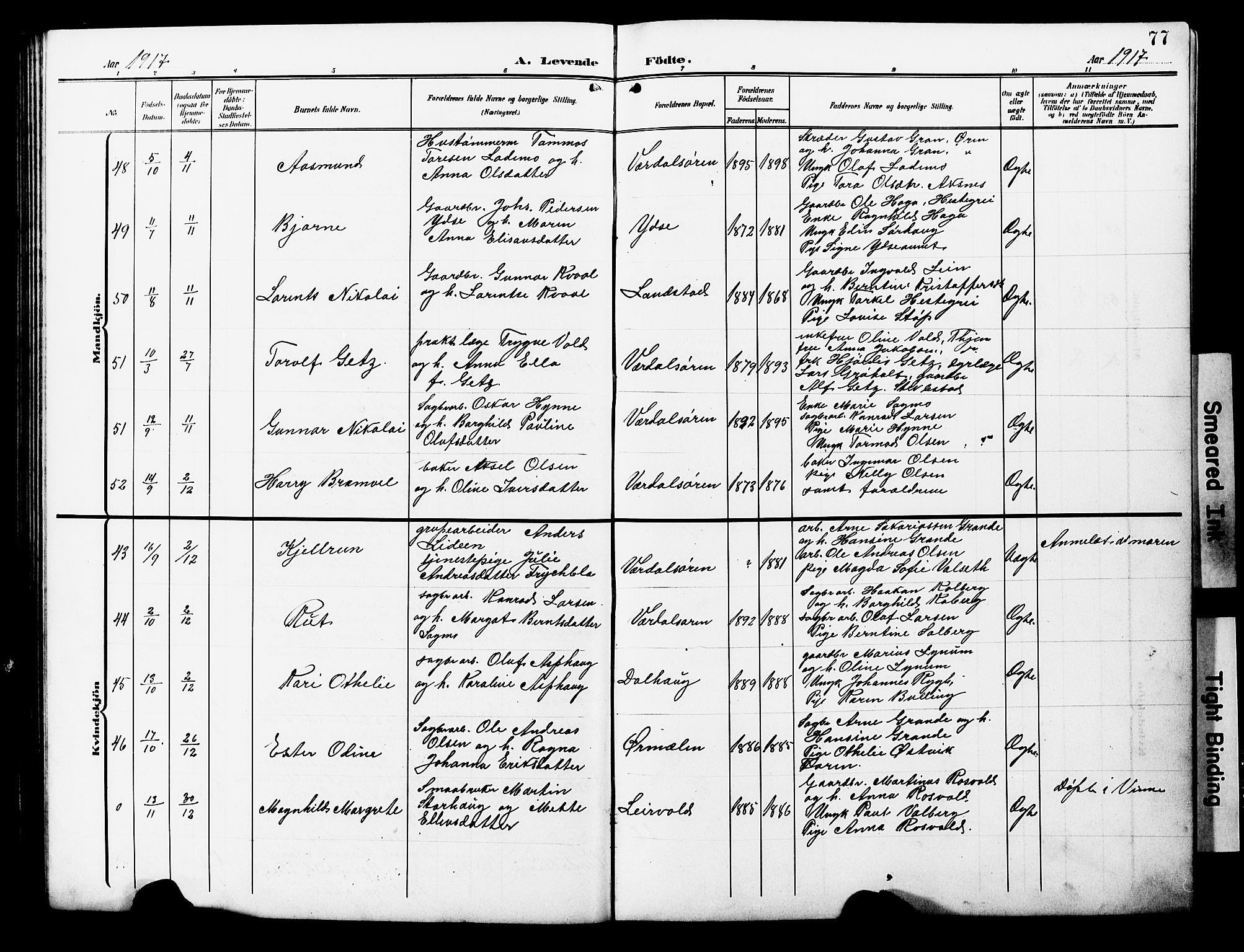 Ministerialprotokoller, klokkerbøker og fødselsregistre - Nord-Trøndelag, AV/SAT-A-1458/723/L0258: Parish register (copy) no. 723C06, 1908-1927, p. 77