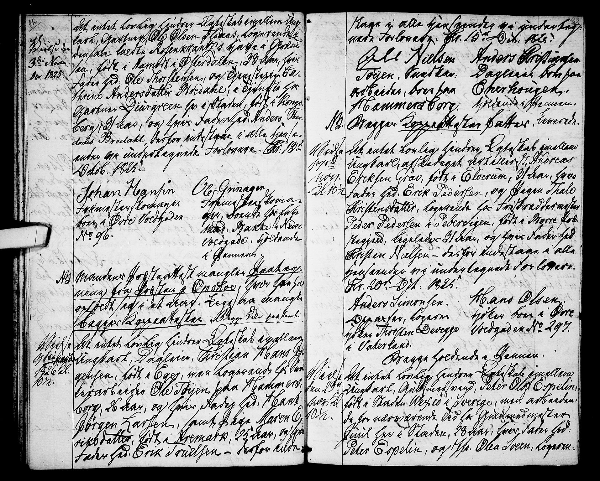 Oslo domkirke Kirkebøker, SAO/A-10752/L/La/L0014: Best man's statements no. 14, 1824-1827, p. 42-43