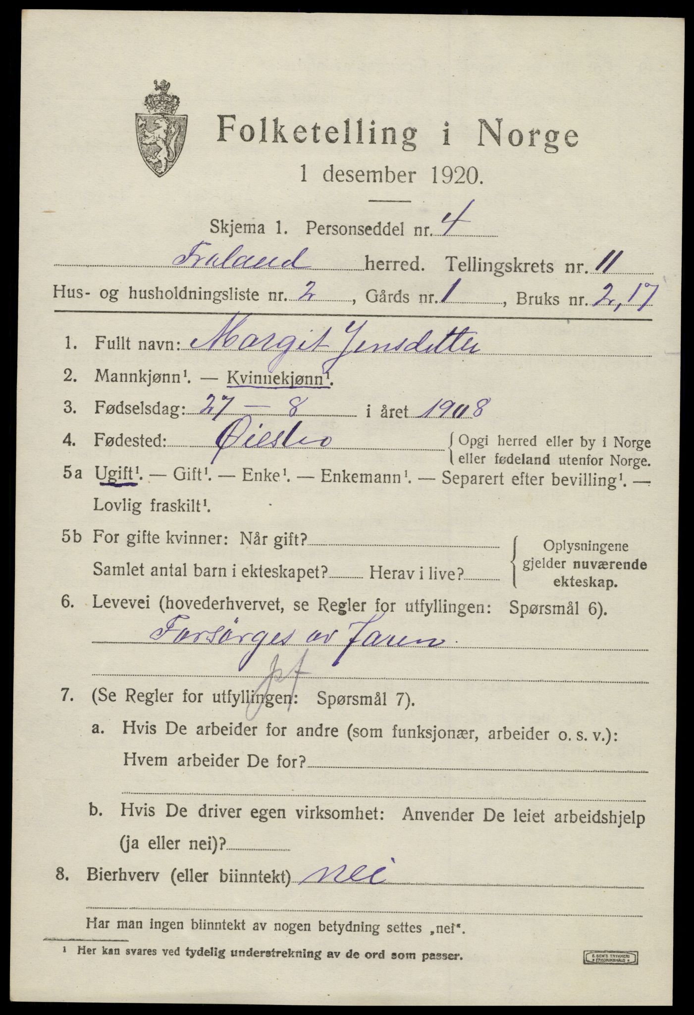 SAK, 1920 census for Froland, 1920, p. 5687