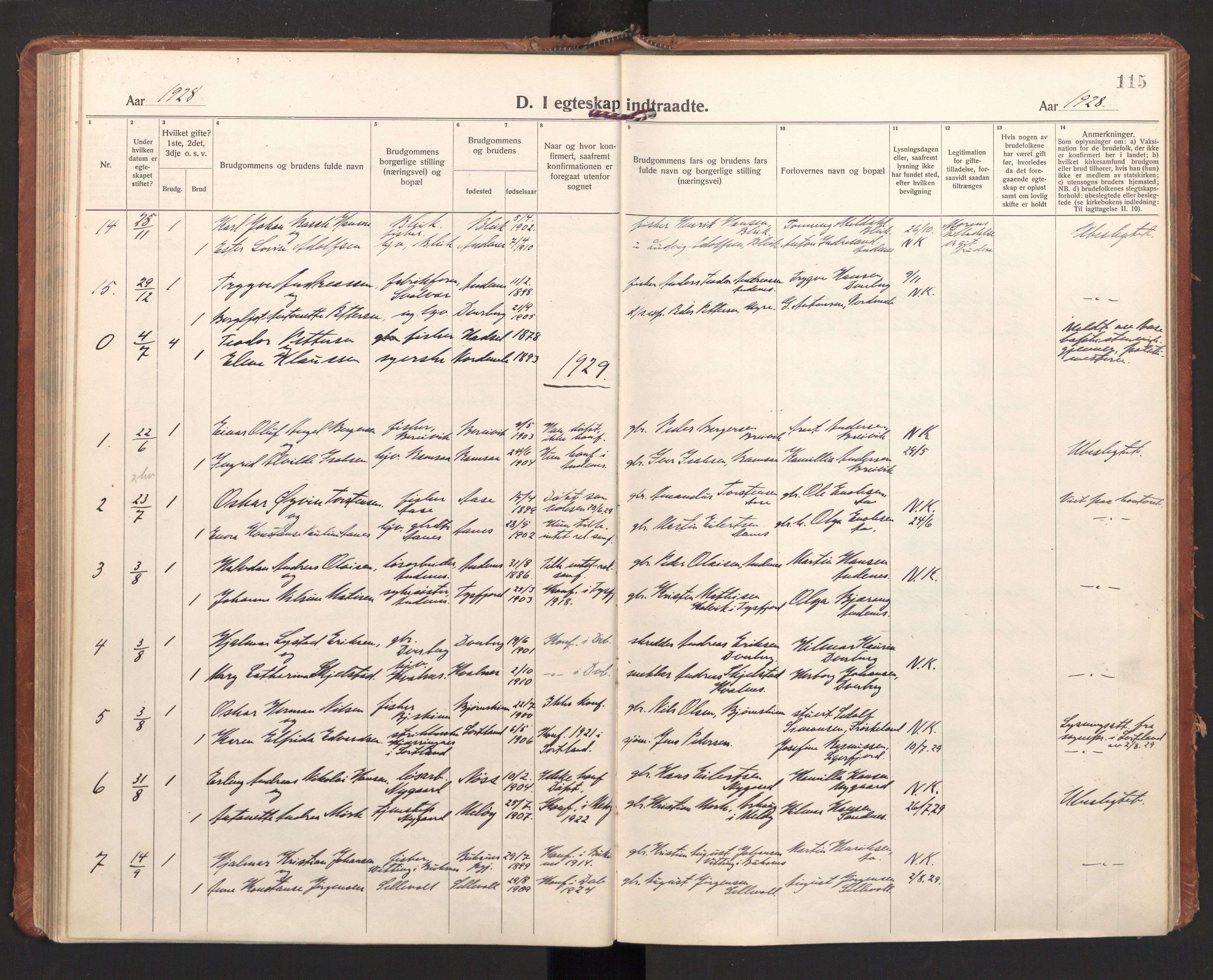 Ministerialprotokoller, klokkerbøker og fødselsregistre - Nordland, SAT/A-1459/897/L1408: Parish register (official) no. 897A15, 1922-1938, p. 115
