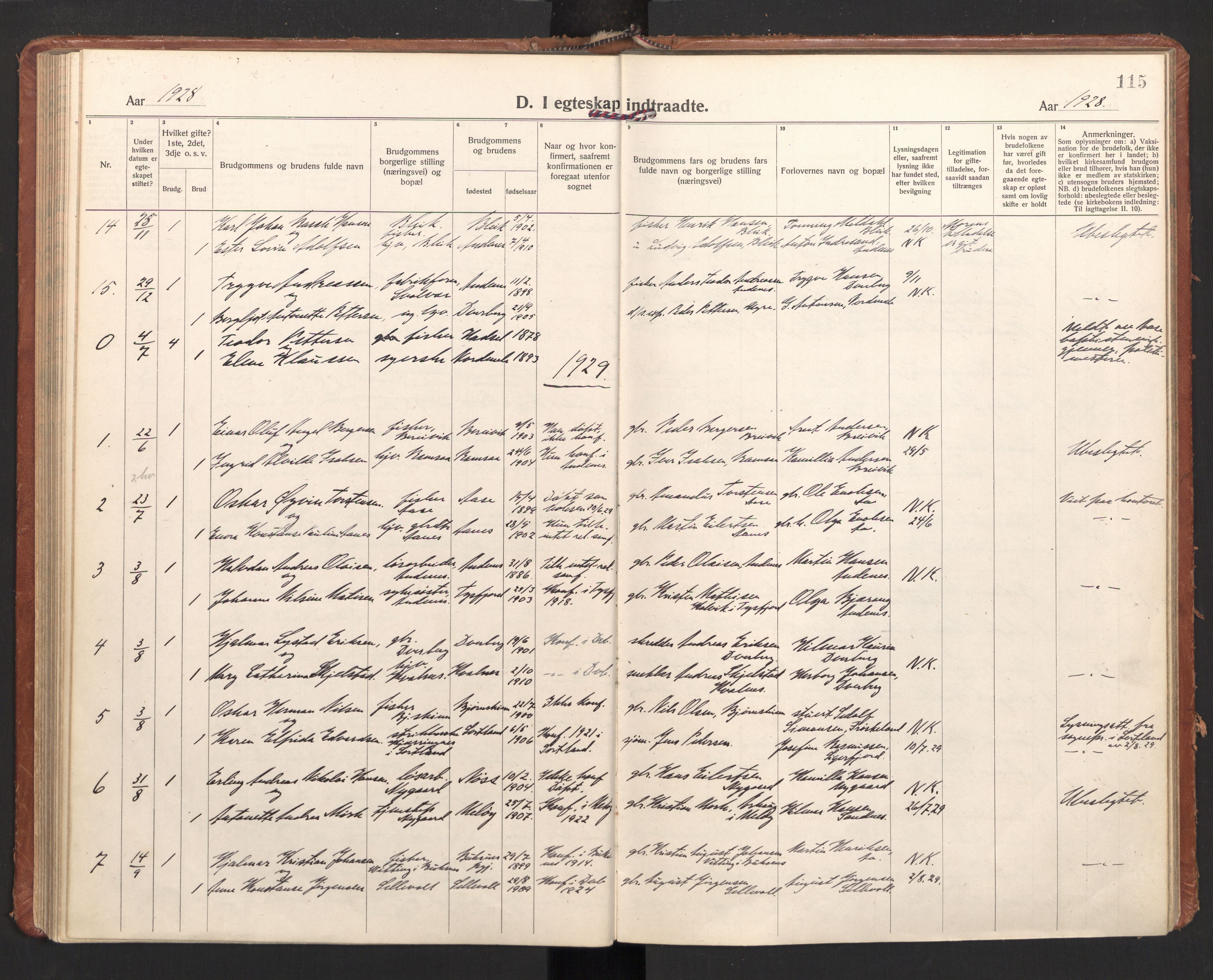 Ministerialprotokoller, klokkerbøker og fødselsregistre - Nordland, AV/SAT-A-1459/897/L1408: Parish register (official) no. 897A15, 1922-1938, p. 115