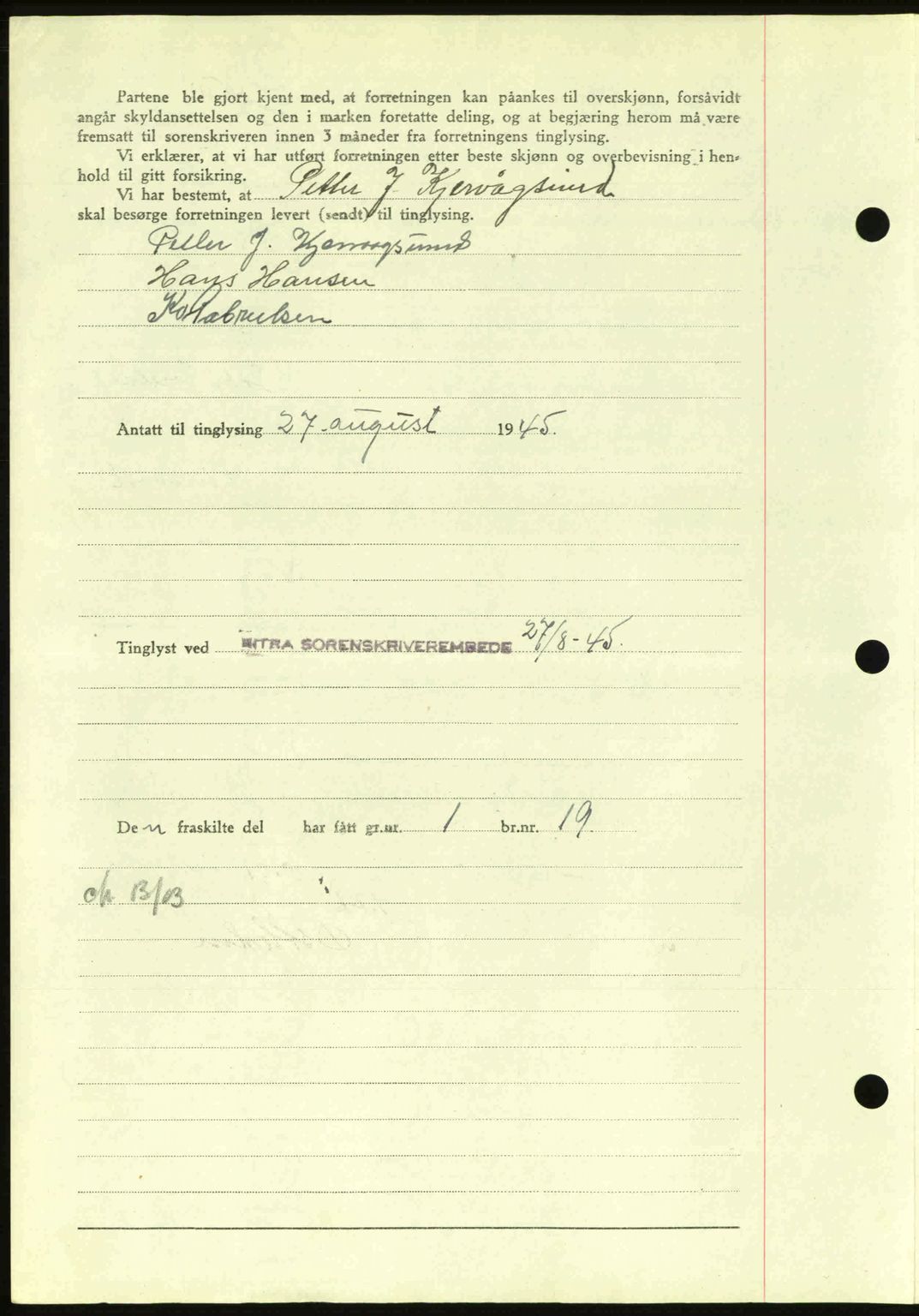 Hitra sorenskriveri, AV/SAT-A-0018/2/2C/2Ca: Mortgage book no. A2, 1943-1945, Diary no: : 466/1945