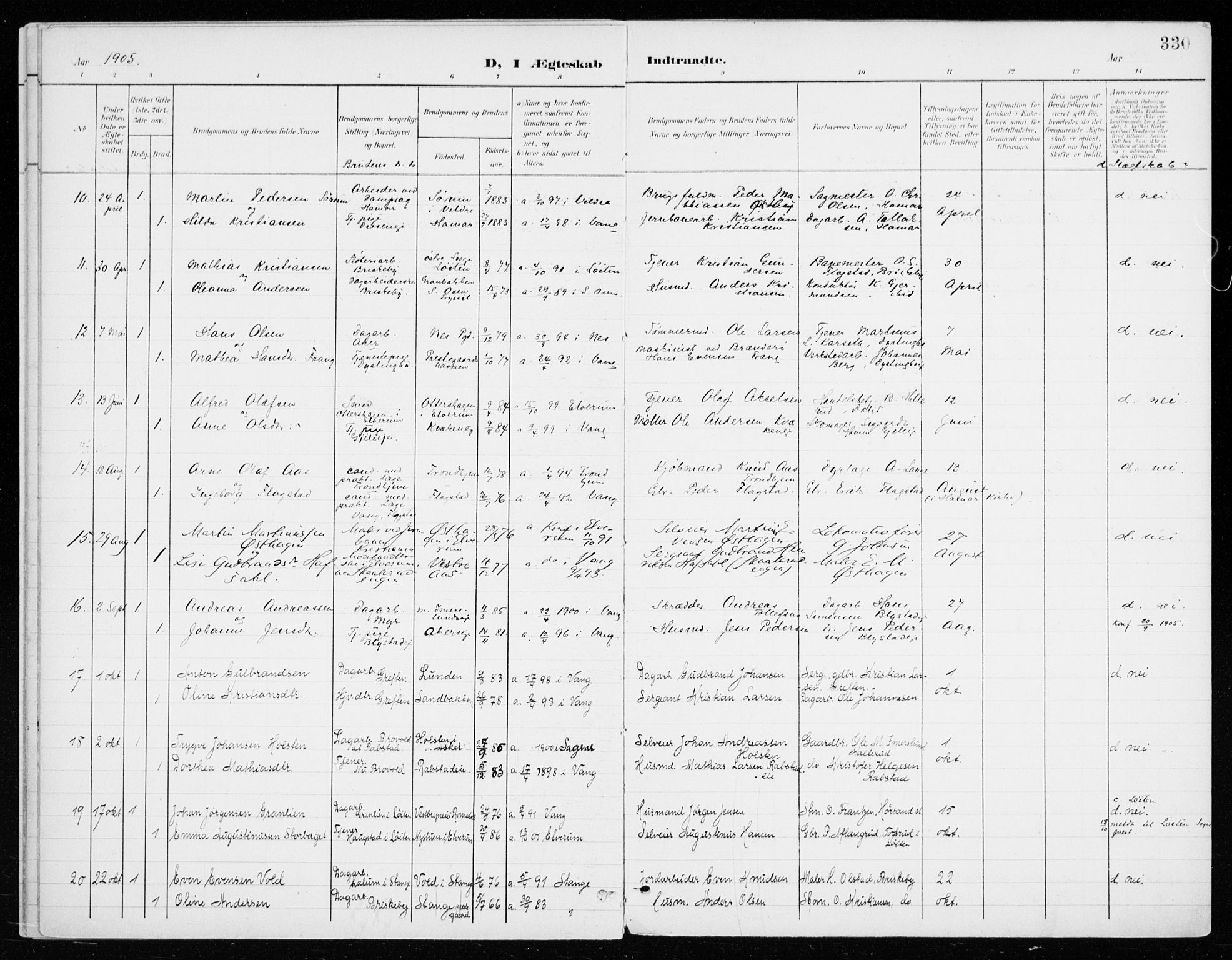 Vang prestekontor, Hedmark, AV/SAH-PREST-008/H/Ha/Haa/L0021: Parish register (official) no. 21, 1902-1917, p. 330