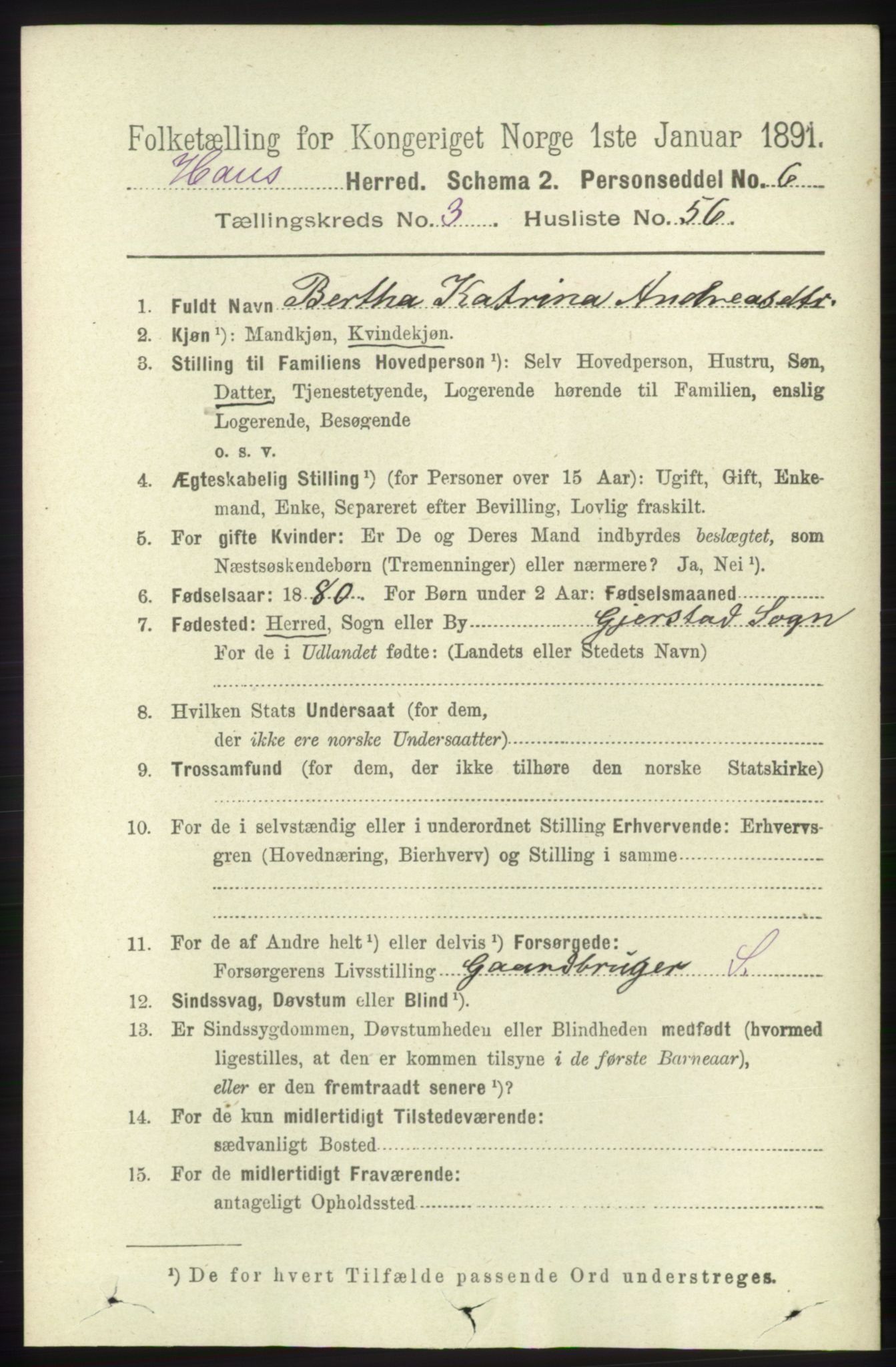 RA, 1891 census for 1250 Haus, 1891, p. 1319