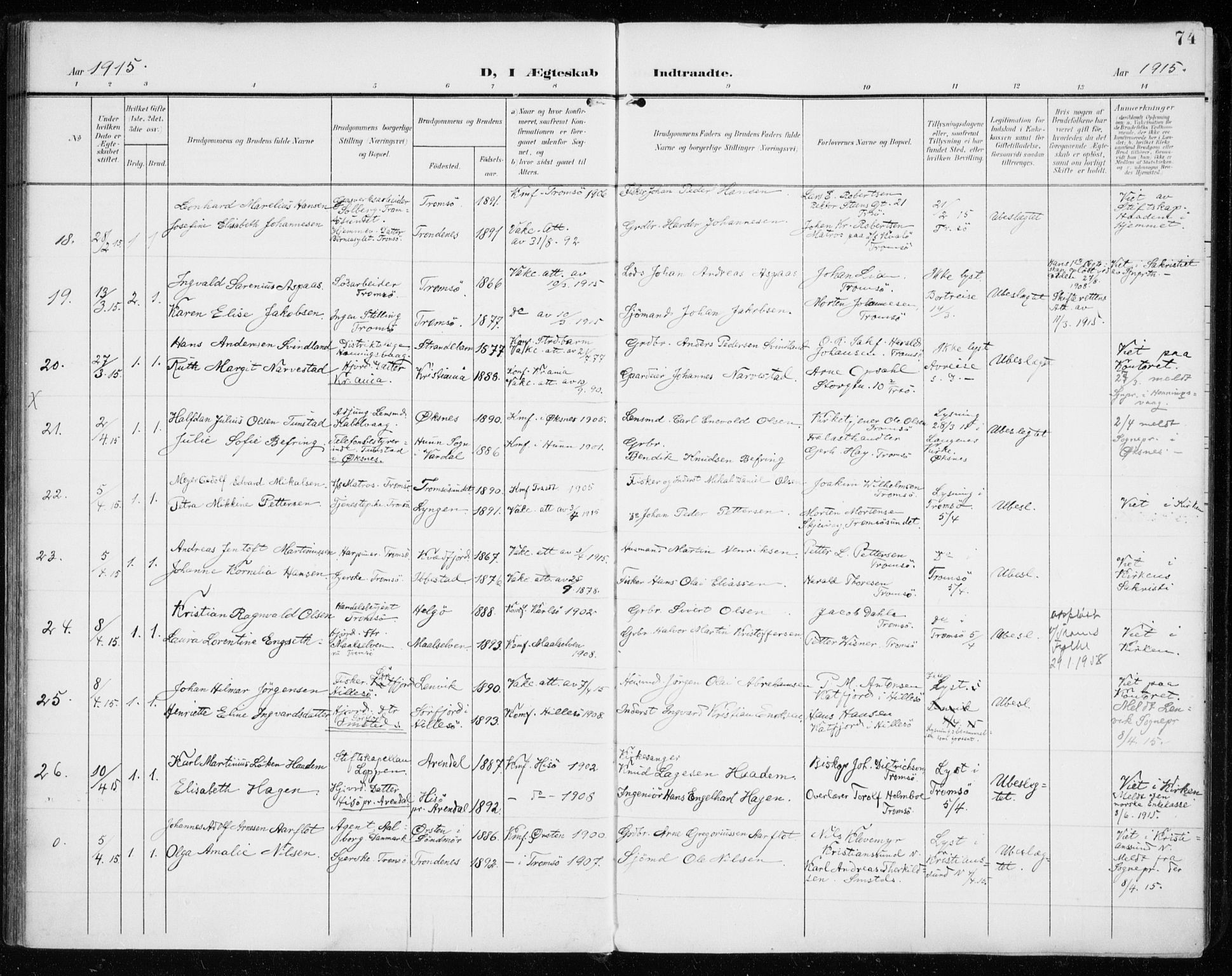 Tromsø sokneprestkontor/stiftsprosti/domprosti, SATØ/S-1343/G/Ga/L0018kirke: Parish register (official) no. 18, 1907-1917, p. 74