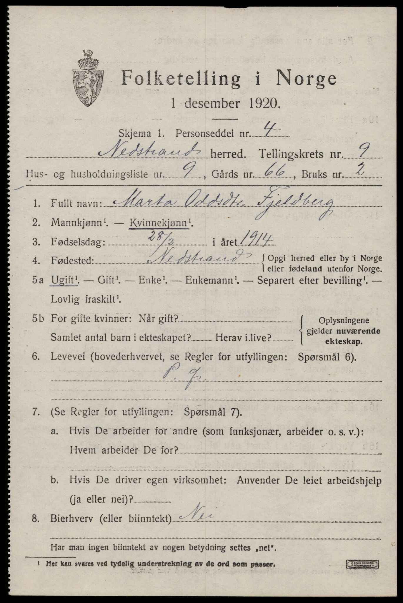 SAST, 1920 census for Nedstrand, 1920, p. 3335