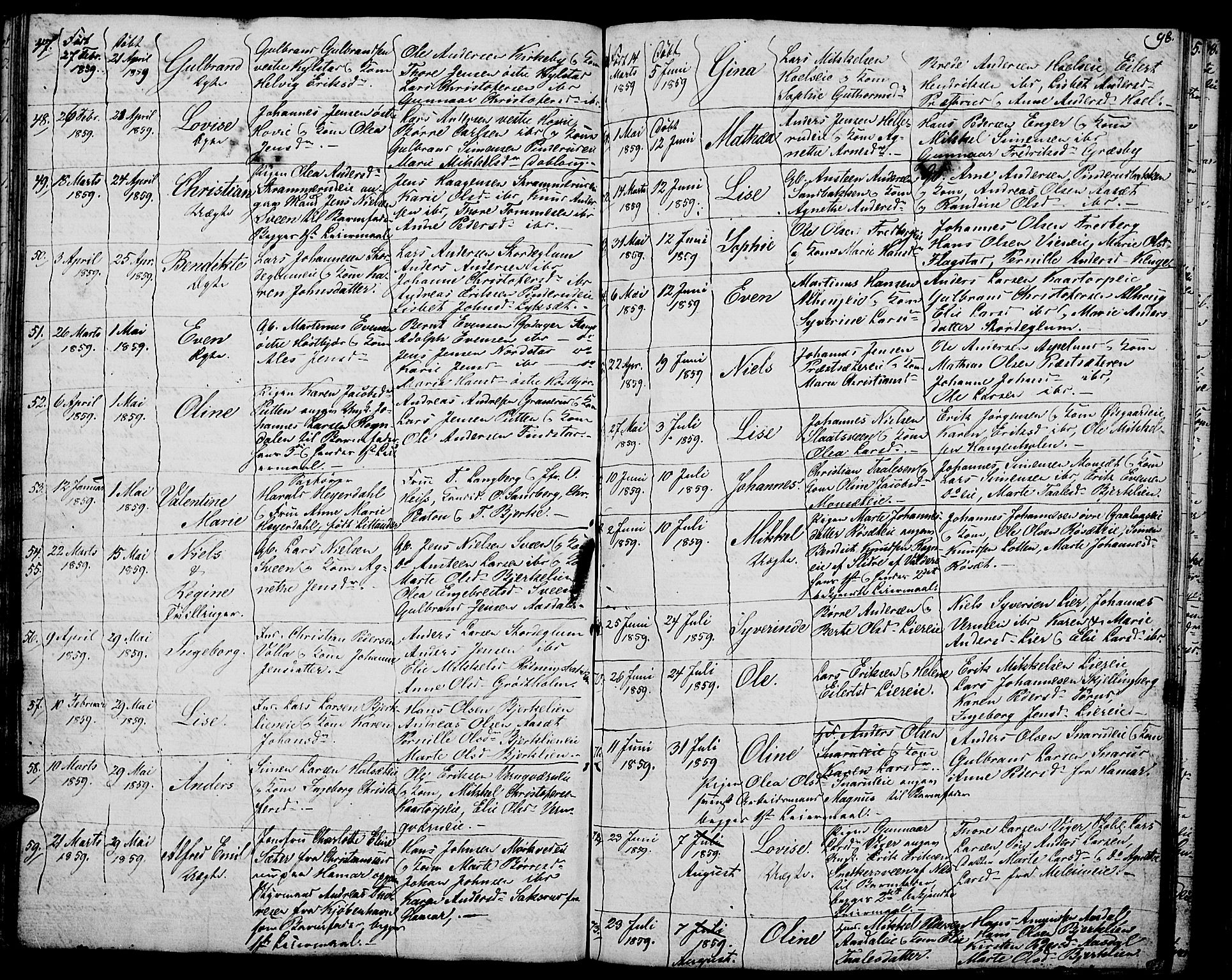 Vang prestekontor, Hedmark, AV/SAH-PREST-008/H/Ha/Hab/L0009: Parish register (copy) no. 9, 1836-1870, p. 98