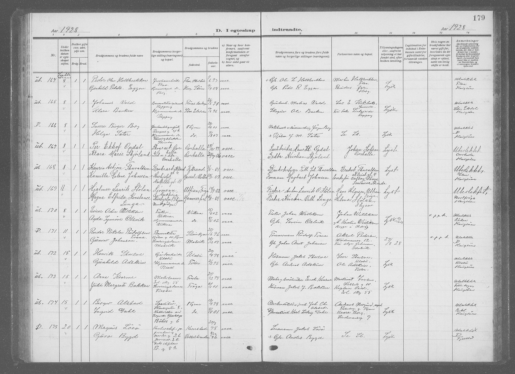 Ministerialprotokoller, klokkerbøker og fødselsregistre - Sør-Trøndelag, AV/SAT-A-1456/601/L0098: Parish register (copy) no. 601C16, 1921-1934, p. 179