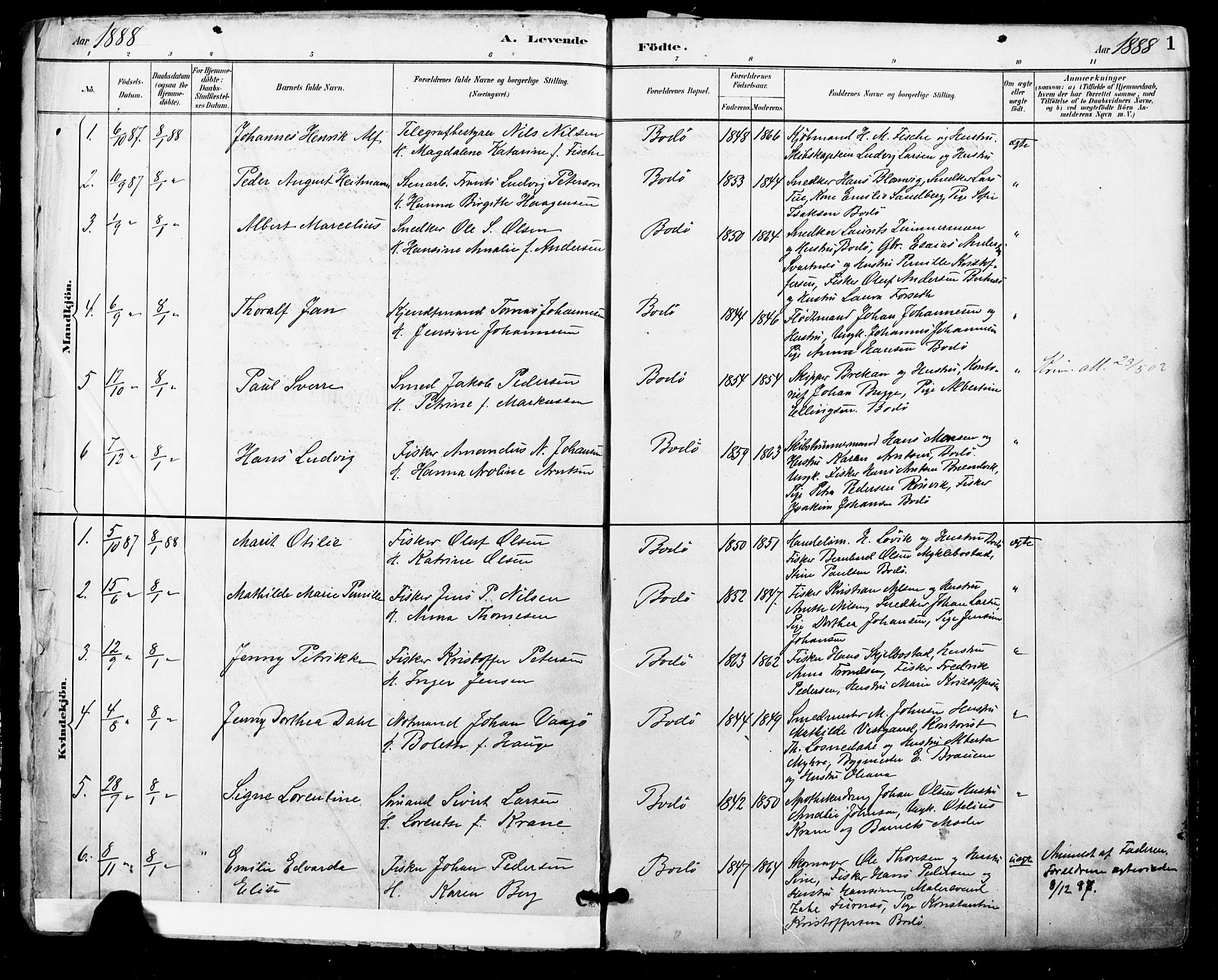 Ministerialprotokoller, klokkerbøker og fødselsregistre - Nordland, AV/SAT-A-1459/801/L0010: Parish register (official) no. 801A10, 1888-1899, p. 1