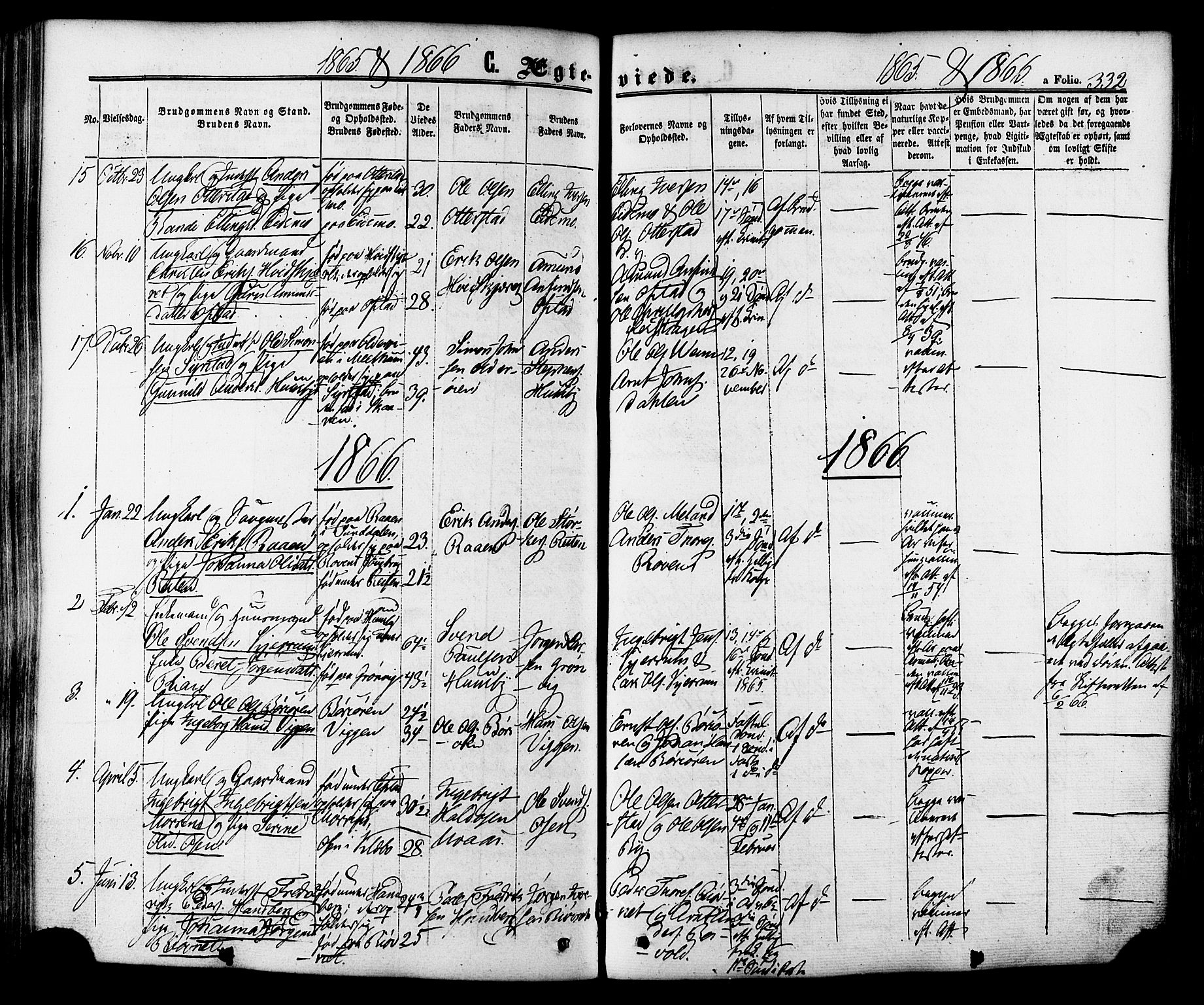 Ministerialprotokoller, klokkerbøker og fødselsregistre - Sør-Trøndelag, SAT/A-1456/665/L0772: Parish register (official) no. 665A07, 1856-1878, p. 332