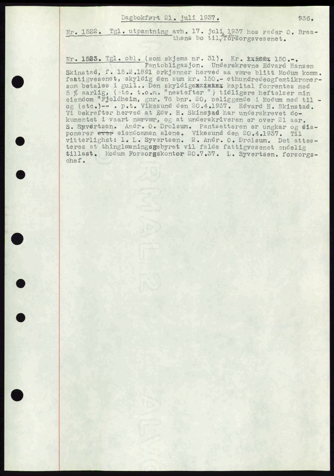 Eiker, Modum og Sigdal sorenskriveri, SAKO/A-123/G/Ga/Gab/L0035: Mortgage book no. A5, 1937-1937, Diary no: : 1522/1937