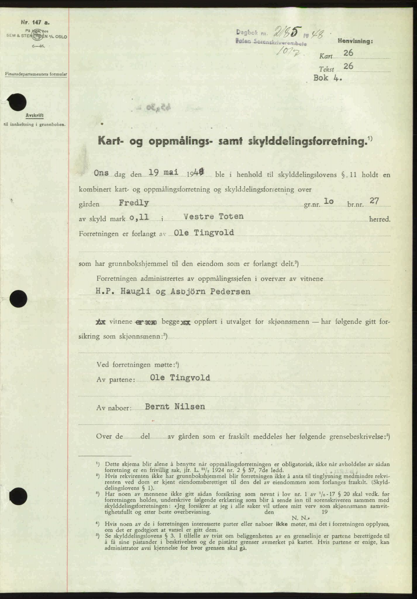 Toten tingrett, SAH/TING-006/H/Hb/Hbc/L0020: Mortgage book no. Hbc-20, 1948-1948, Diary no: : 2185/1948