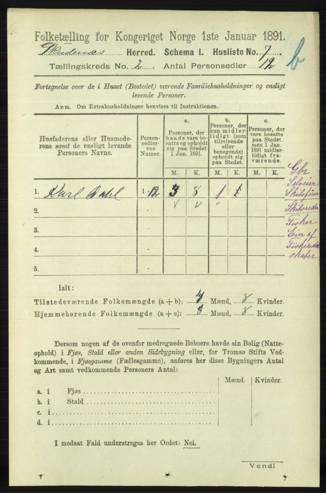 RA, 1891 census for 1150 Skudenes, 1891, p. 3678